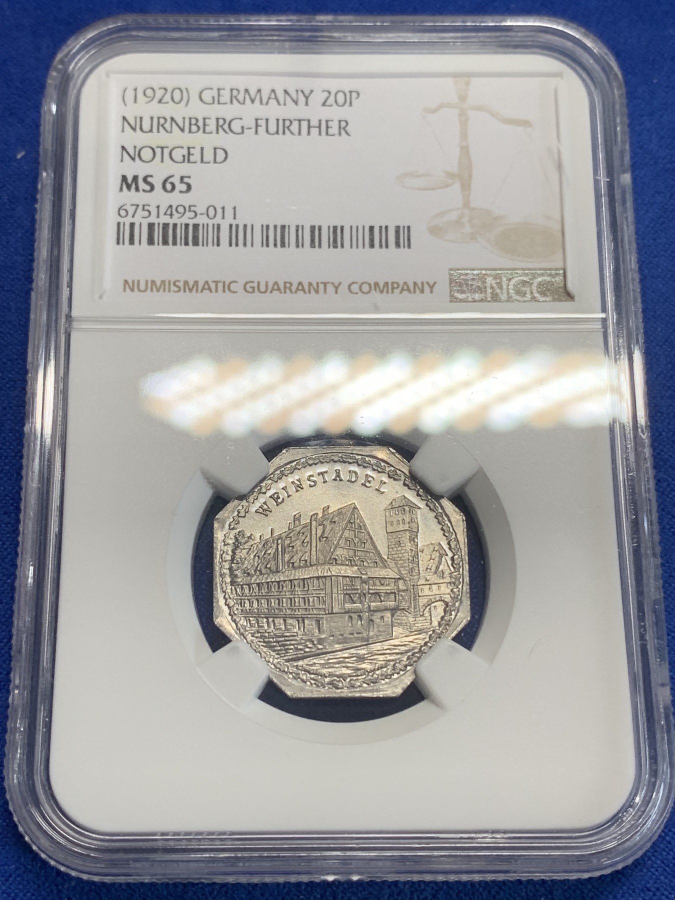 《竞宝斋》第198场-周日，周一 2场 (全场包邮) NGC-MS65 德国1920年紧急状态时期纽伦堡20芬尼 景观代币