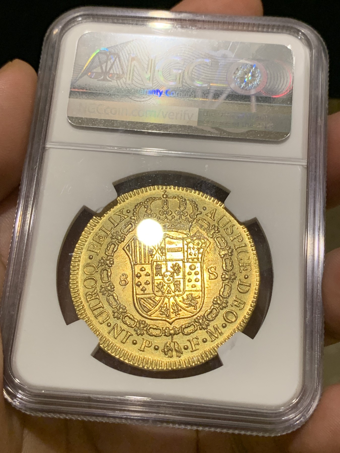 《竞宝斋》第198场-周日，周一 2场 (全场包邮) NGC AU58 哥伦比亚 1819年 卡四头像费七铭文 8E 27克大金币 底板光洁 27克  极少见品种