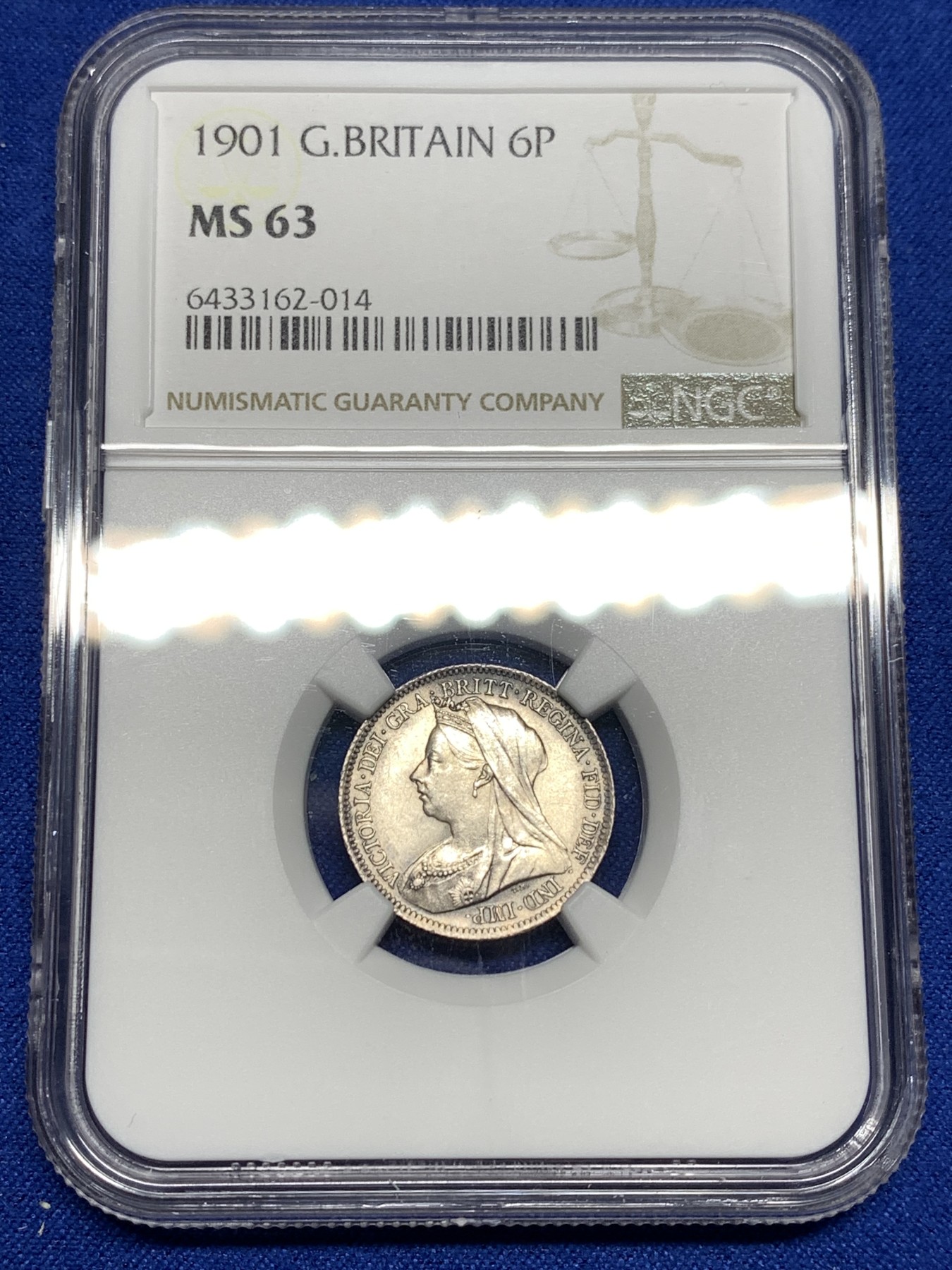 《竞宝斋》第198场-周日，周一 2场 (全场包邮) NGC-MS63 英国1901老维6便士银币 包浆漂亮