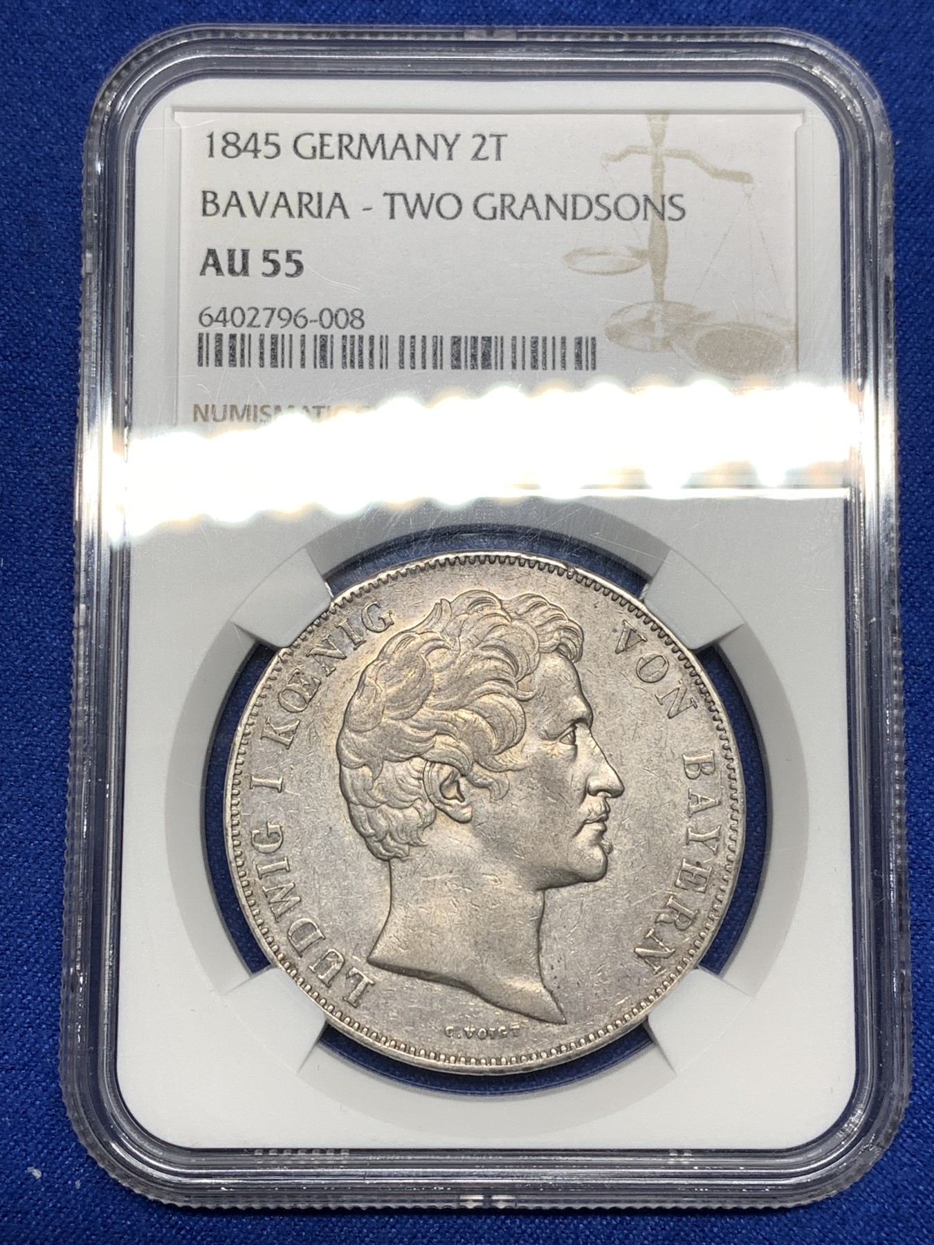 《竞宝斋》第198场-周日，周一 2场 (全场包邮) NGC AU55 德国 巴伐利亚 1845年 路德维希一世 皇孙纪念2泰勒大银币 非常热门的路德维希历史系2泰勒大银币 少见品种