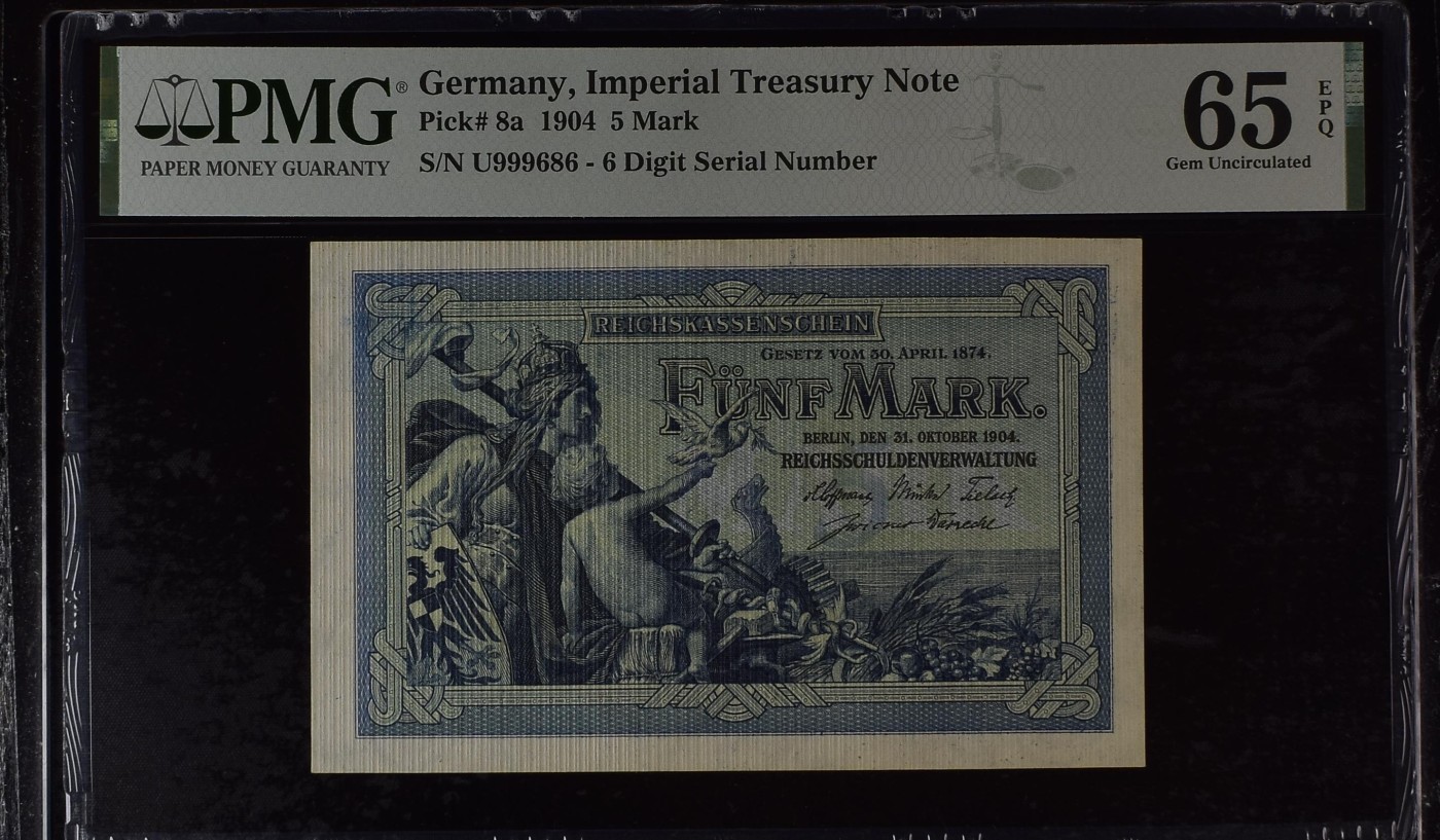 收藏联盟Quantum Auction 第290期拍卖  德国1904年5马克 PMG65 全程倒置号 豹子号头