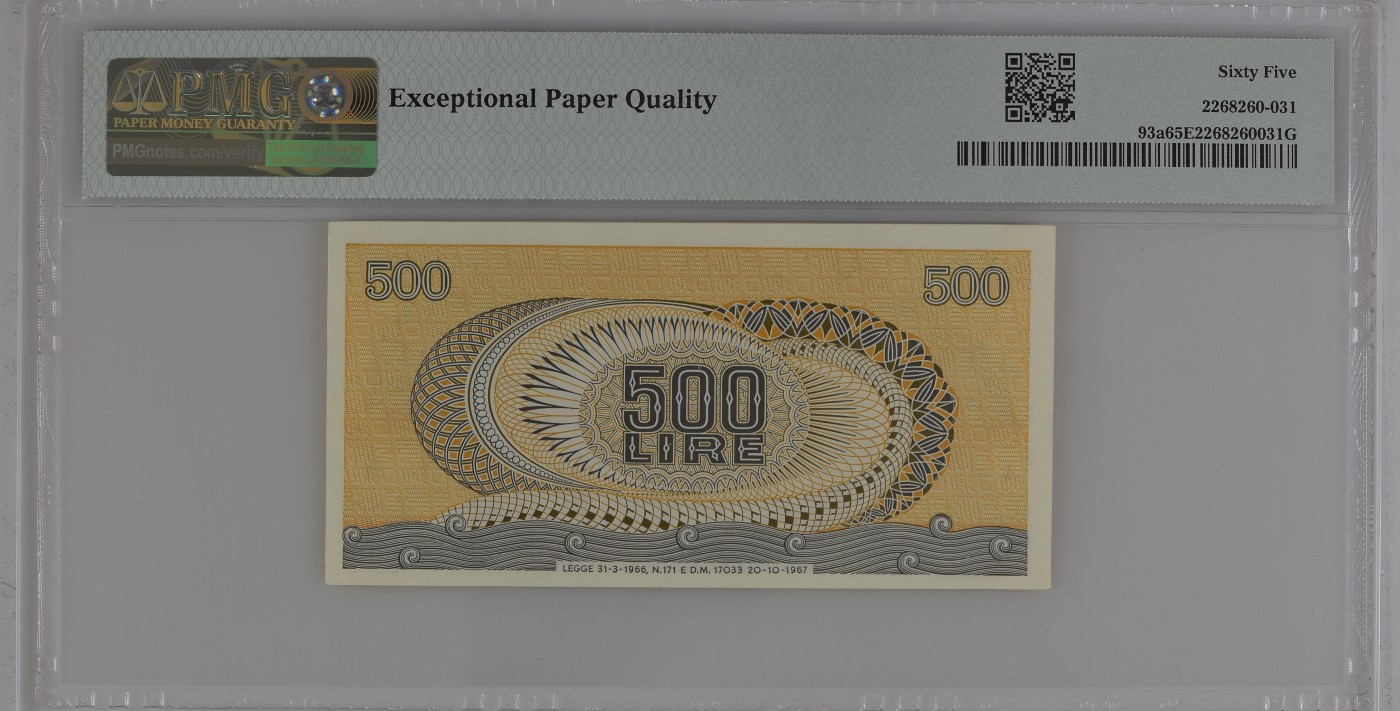收藏联盟Quantum Auction 第290期拍卖  意大利1966-70年500里拉 PMG65 仙女阿瑞莎
