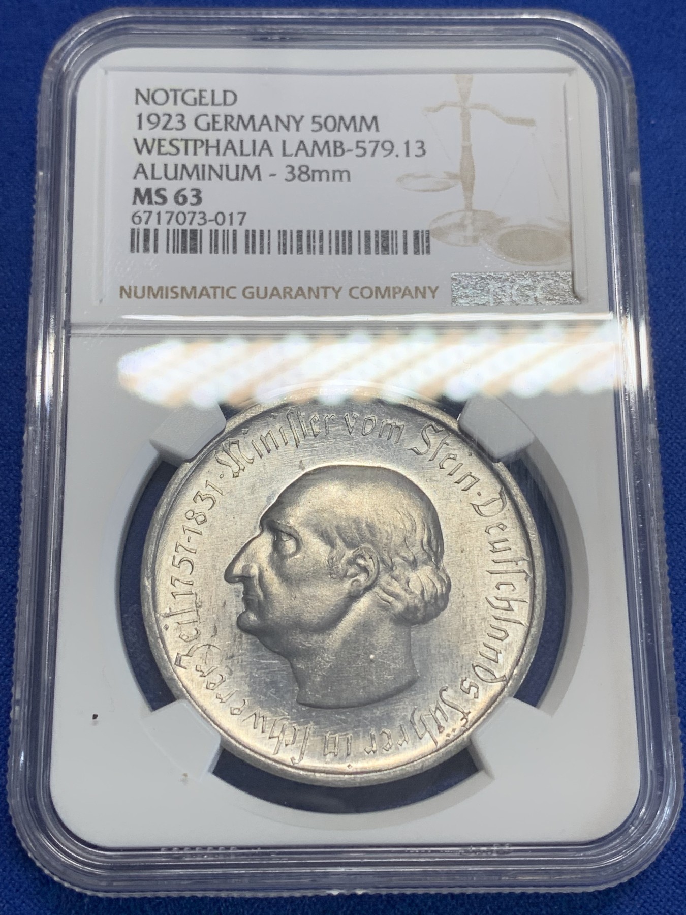 《竞宝斋》第198场-周日，周一 2场 (全场包邮) NGC MS63  1923年德国德紧威斯特法伦5000万马克铝币 次大面值 镜面底板 难得好品好状态！
