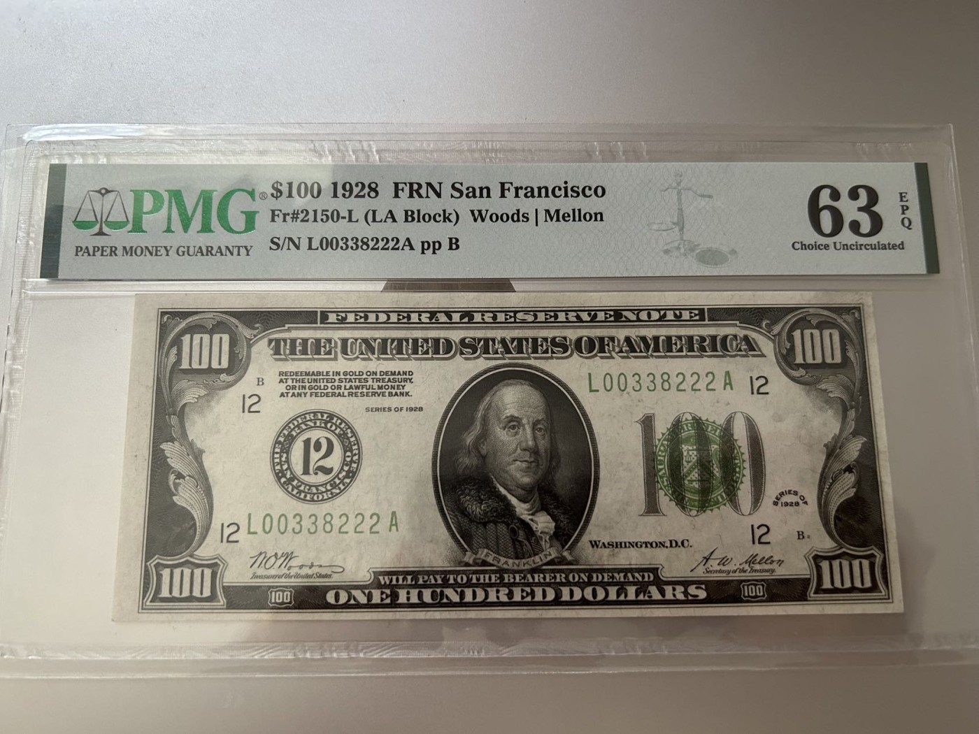 收藏联盟Quantum Auction 第289期拍卖  1928年美国100元 数字冠12三藩市联储 PMG63E