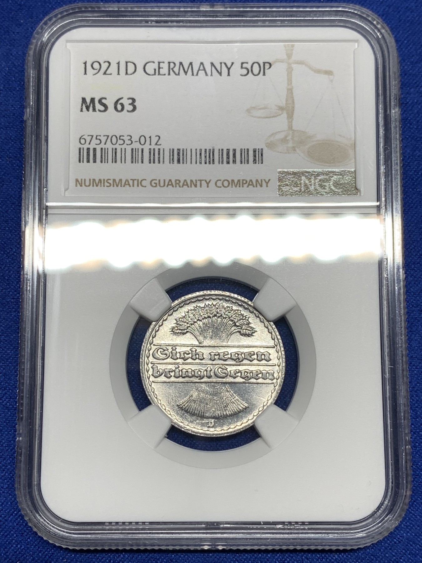 《竞宝斋》第198场-周日，周一 2场 (全场包邮) NGC MS63 1921D 德国50芬尼