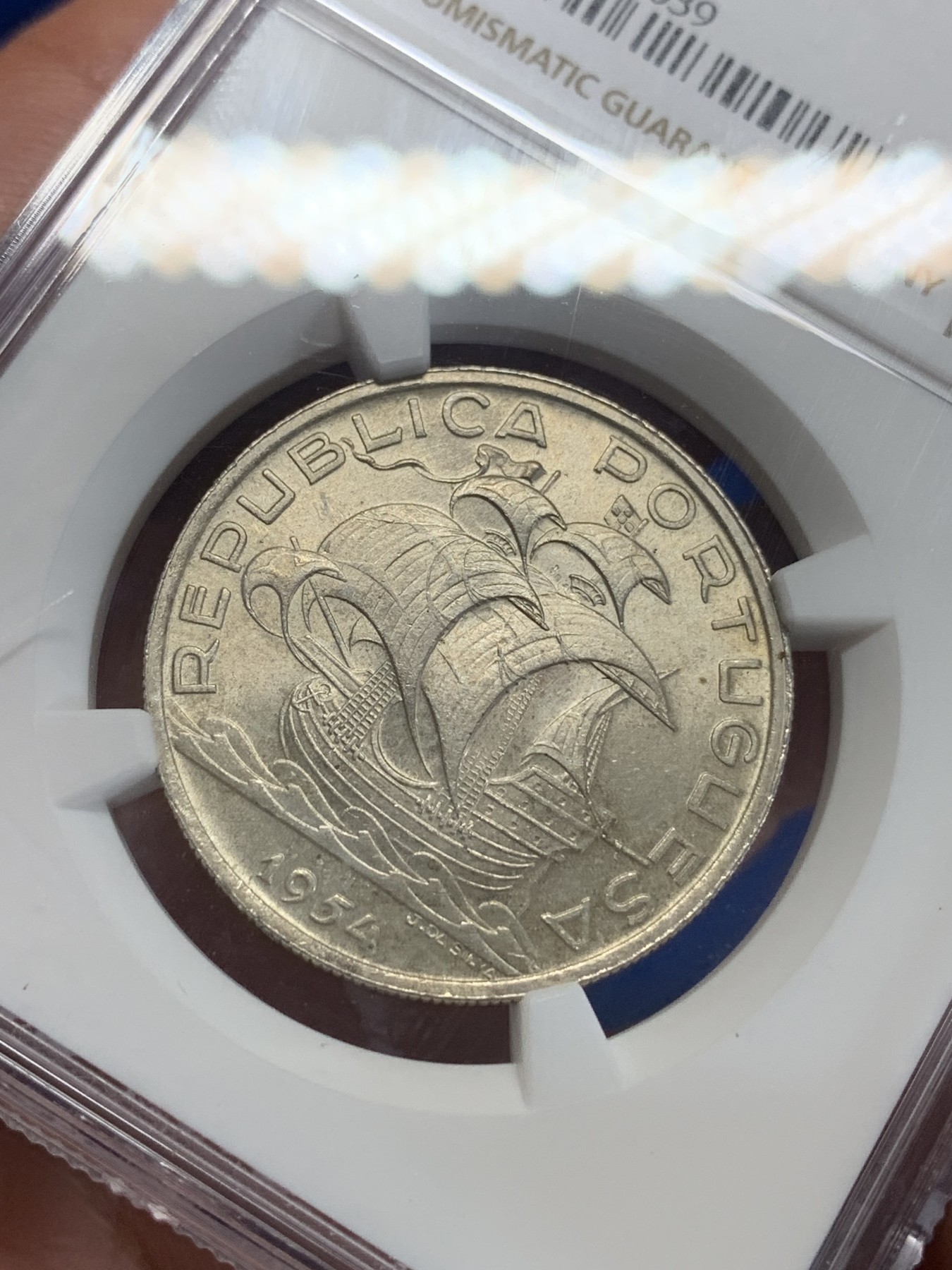 《竞宝斋》第198场-周日，周一 2场 (全场包邮) NGC-MS64 葡萄牙1954年 大帆船10埃斯库多银币