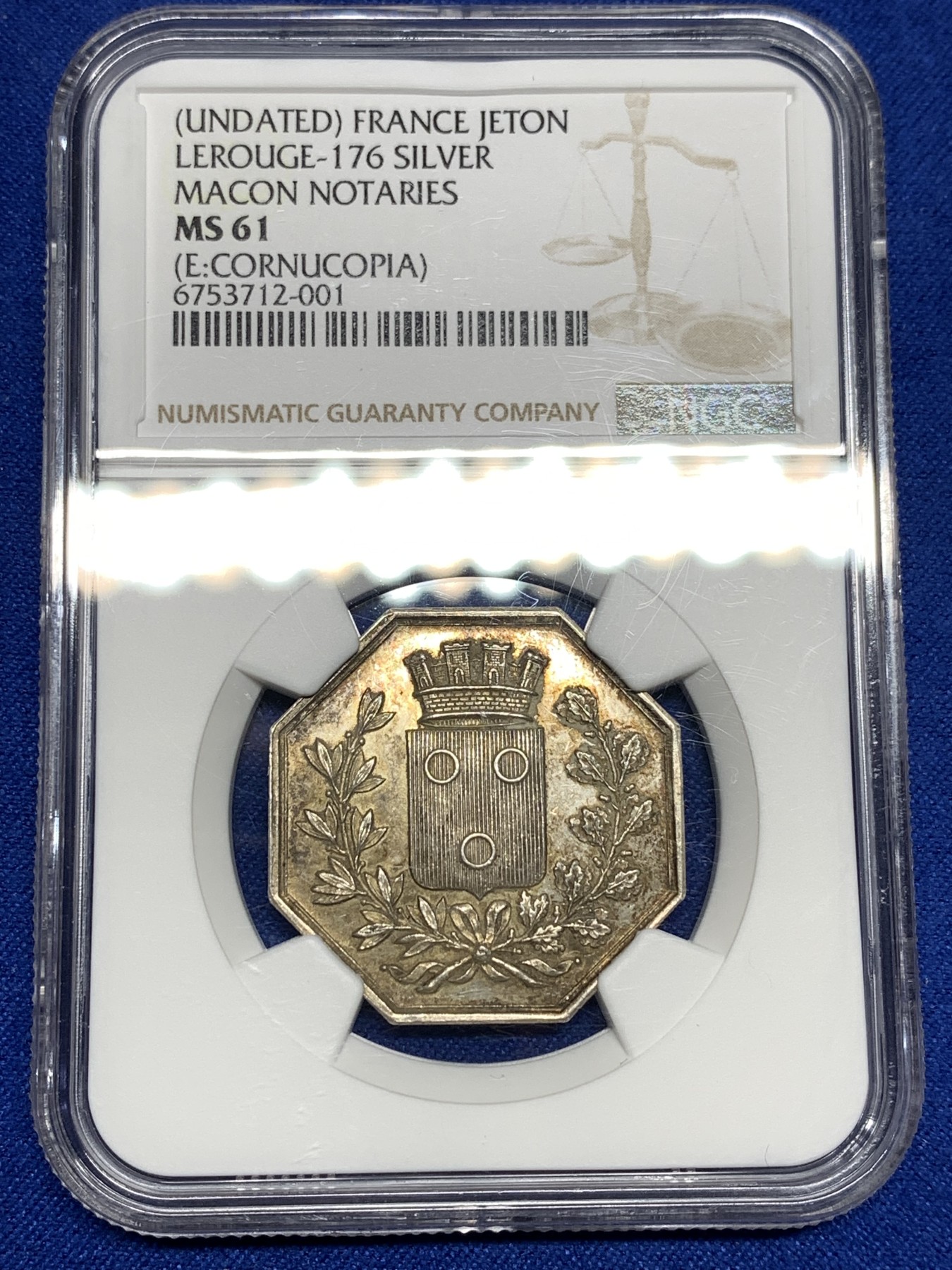 《竞宝斋》第198场-周日，周一 2场 (全场包邮) NGC MS61 法国MACON公证处银质八角代币 老包浆好品相