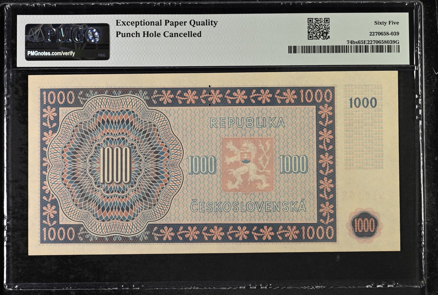 收藏联盟Quantum Auction 第290期拍卖  捷克斯洛伐克1945年1000克朗样票 PMG65