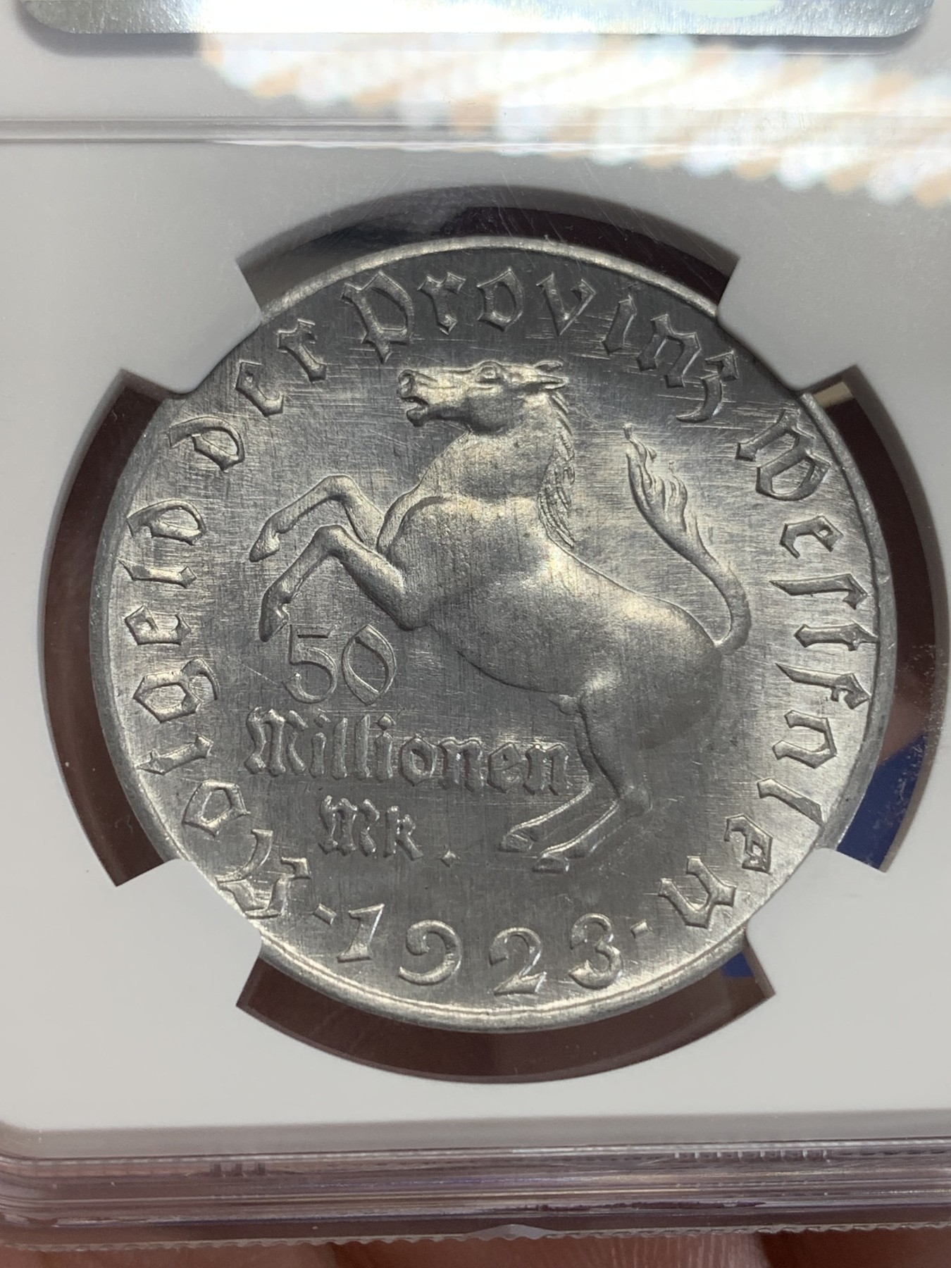 《竞宝斋》第198场-周日，周一 2场 (全场包邮) NGC MS63  1923年德国德紧威斯特法伦5000万马克铝币 次大面值 镜面底板 难得好品好状态！