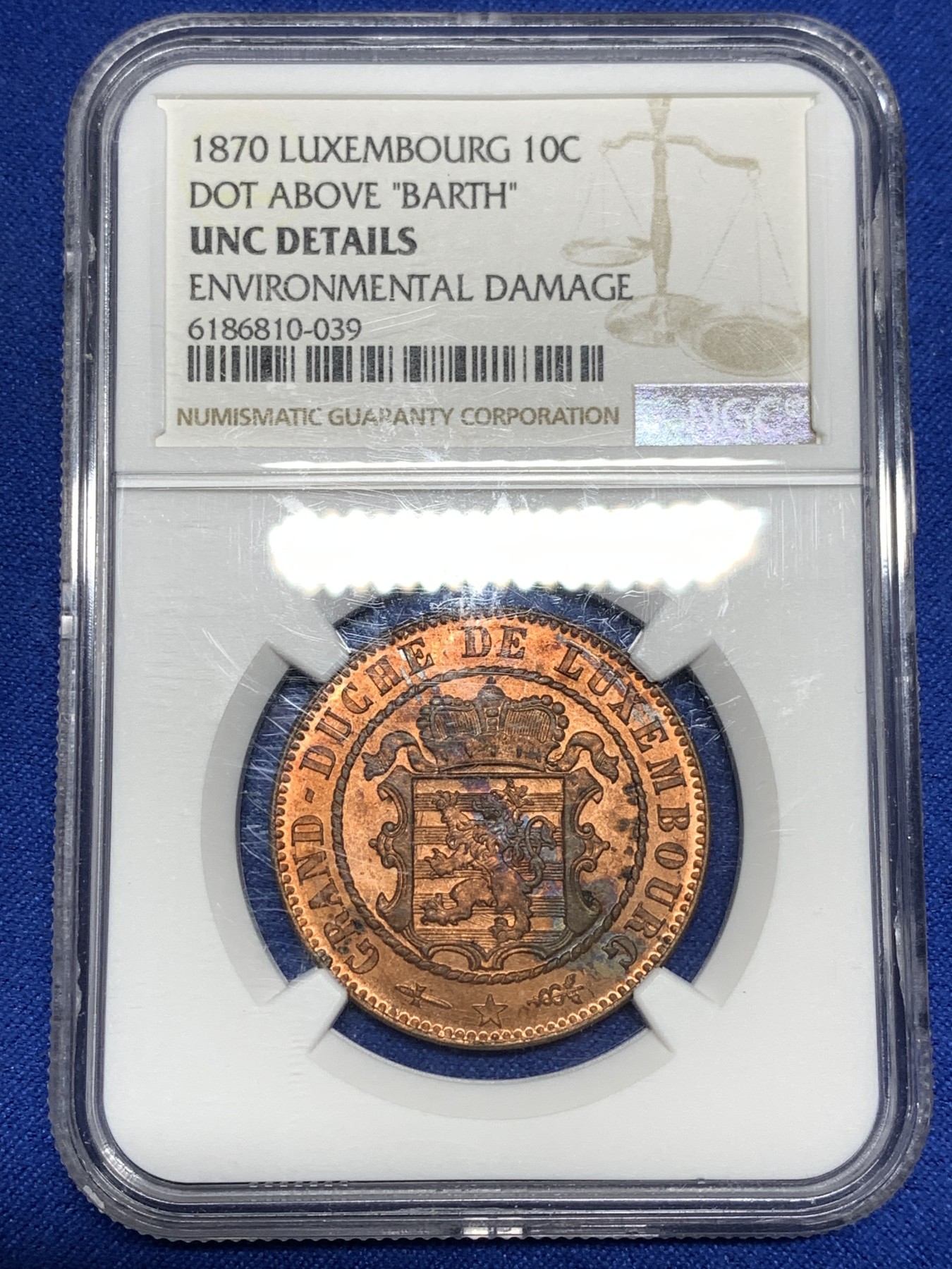 《竞宝斋》第198场-周日，周一 2场 (全场包邮) NGC-UNCD 1870年卢森堡10C大铜币，十分少见，品相十分精美