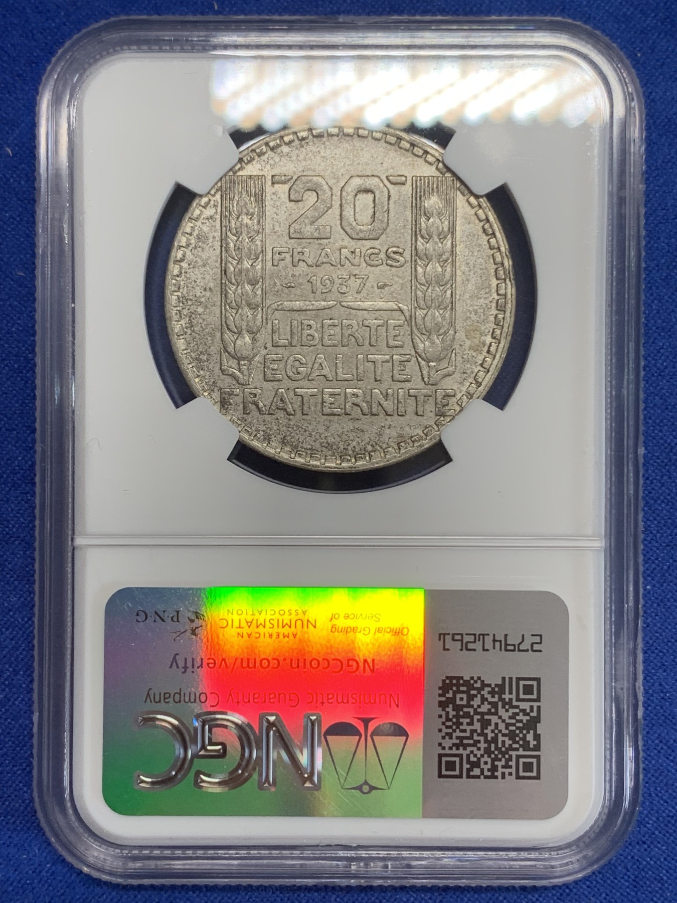 《竞宝斋》第198场-周日，周一 2场 (全场包邮) NGC-AU58 法国1937年女神20法郎大银币