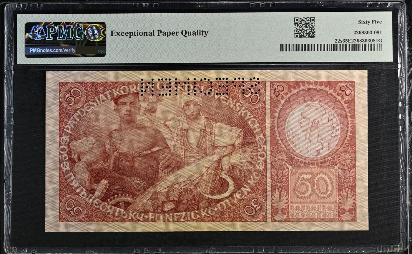 收藏联盟Quantum Auction 第290期拍卖  捷克斯洛伐克1929年50克朗样票 PMG65 捷克国宝级艺术家穆夏作品 稀少