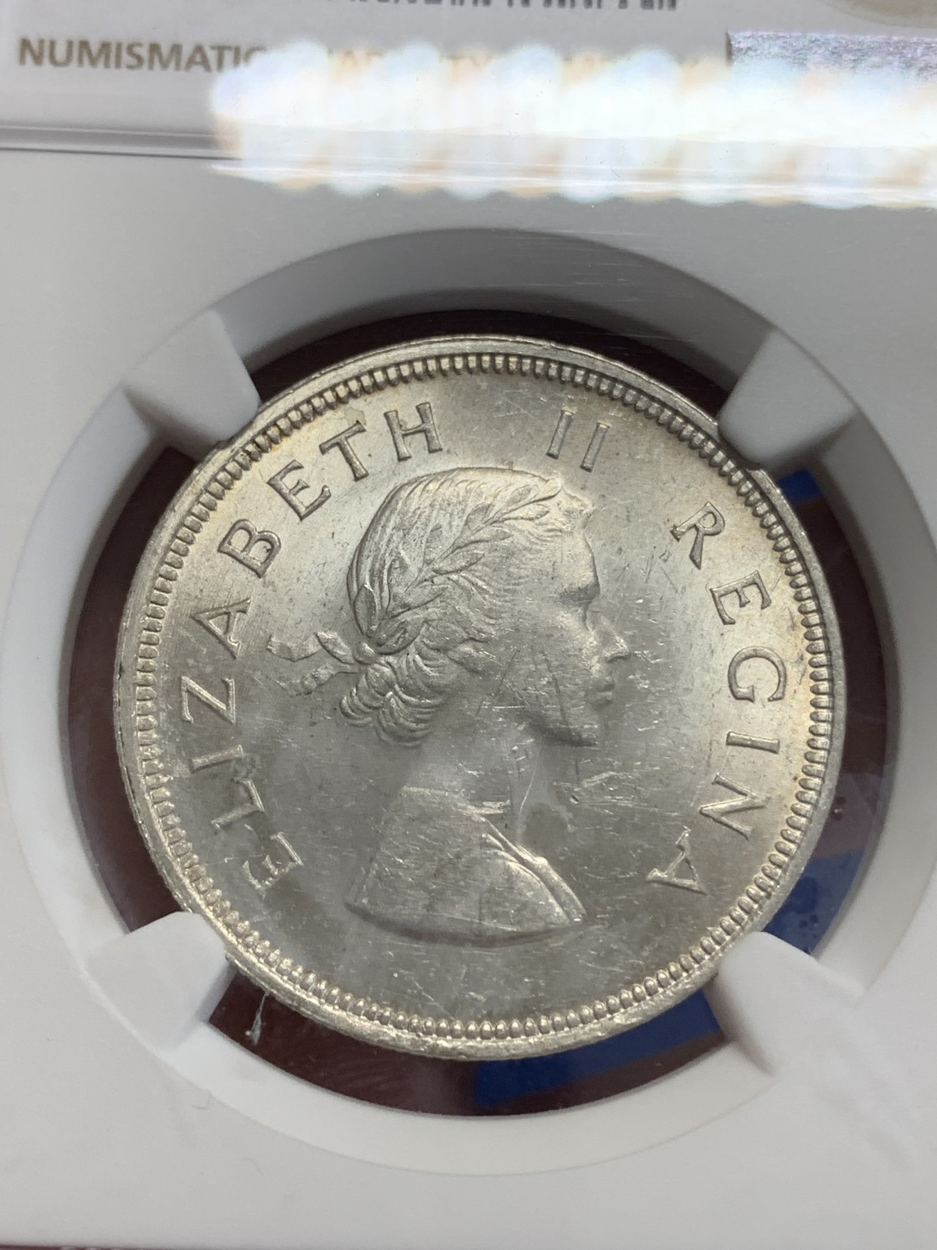 《竞宝斋》第198场-周日，周一 2场 (全场包邮) NGC-MS62 南非1954年伊丽莎白二世2.5先令银币