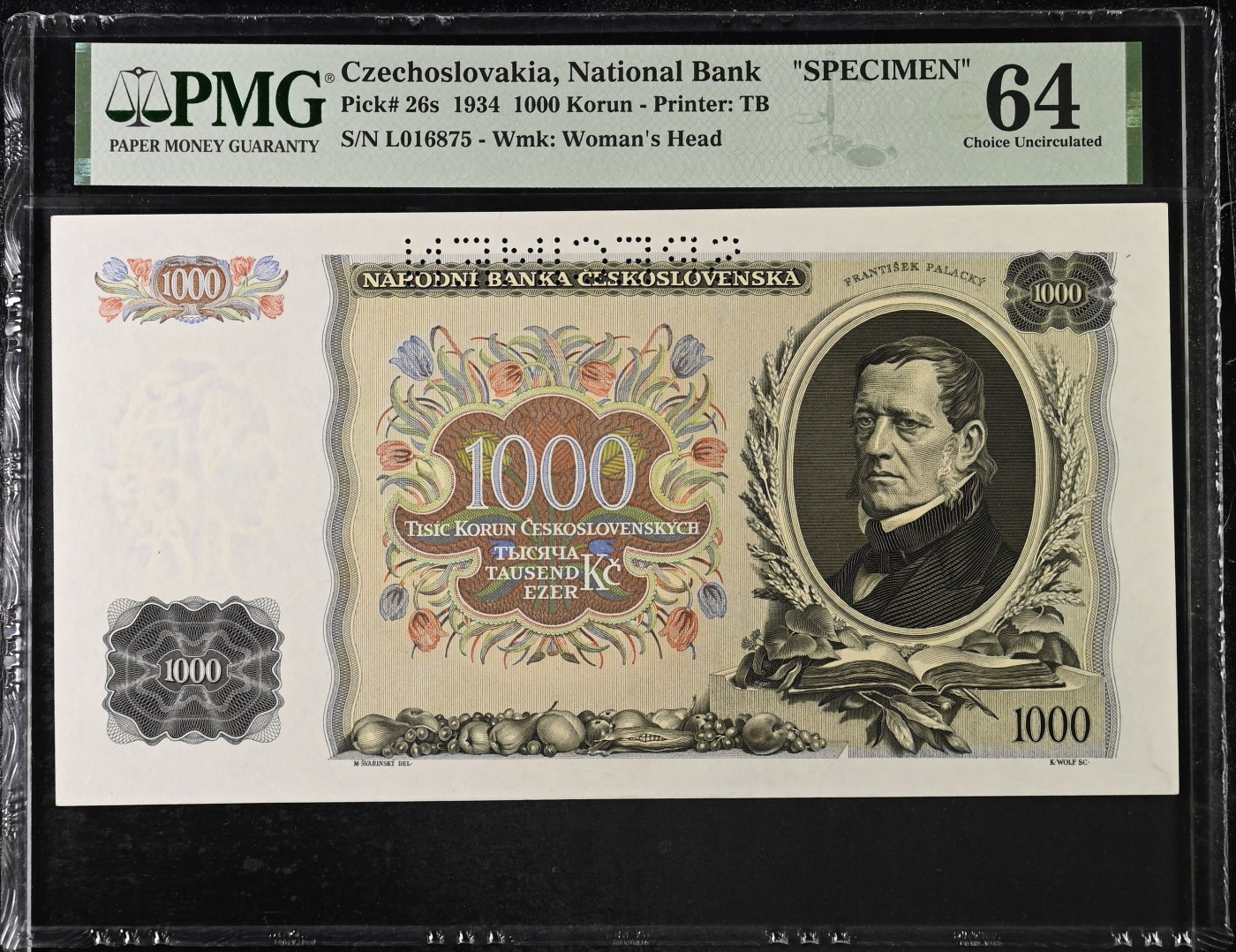 收藏联盟Quantum Auction 第290期拍卖  捷克斯洛伐克1934年1000克朗样票 PMG64 政治思想家 帕拉茨基