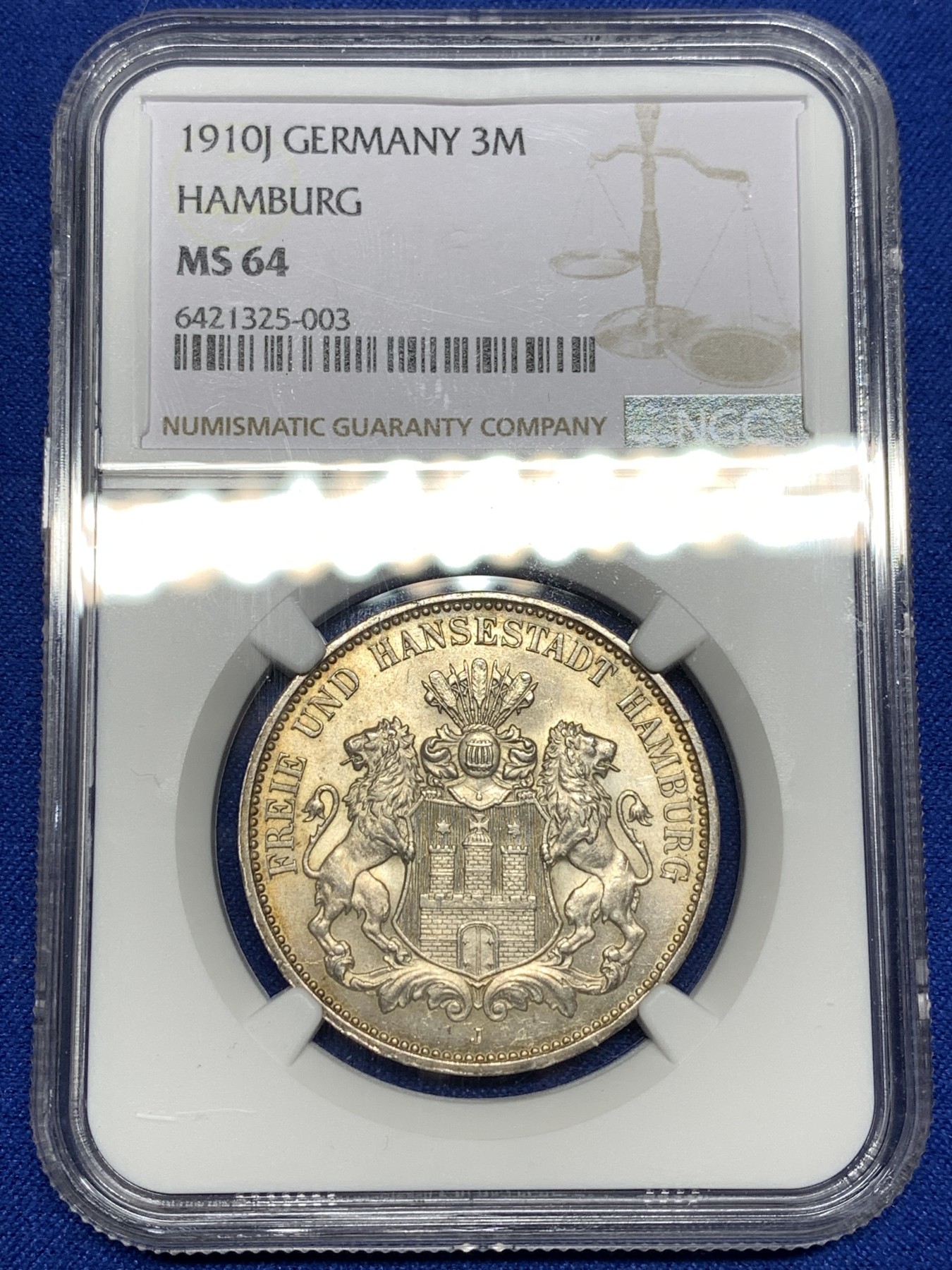 《竞宝斋》第198场-周日，周一 2场 (全场包邮) NGC MS64 1910年 德国汉堡双狮3马克银币