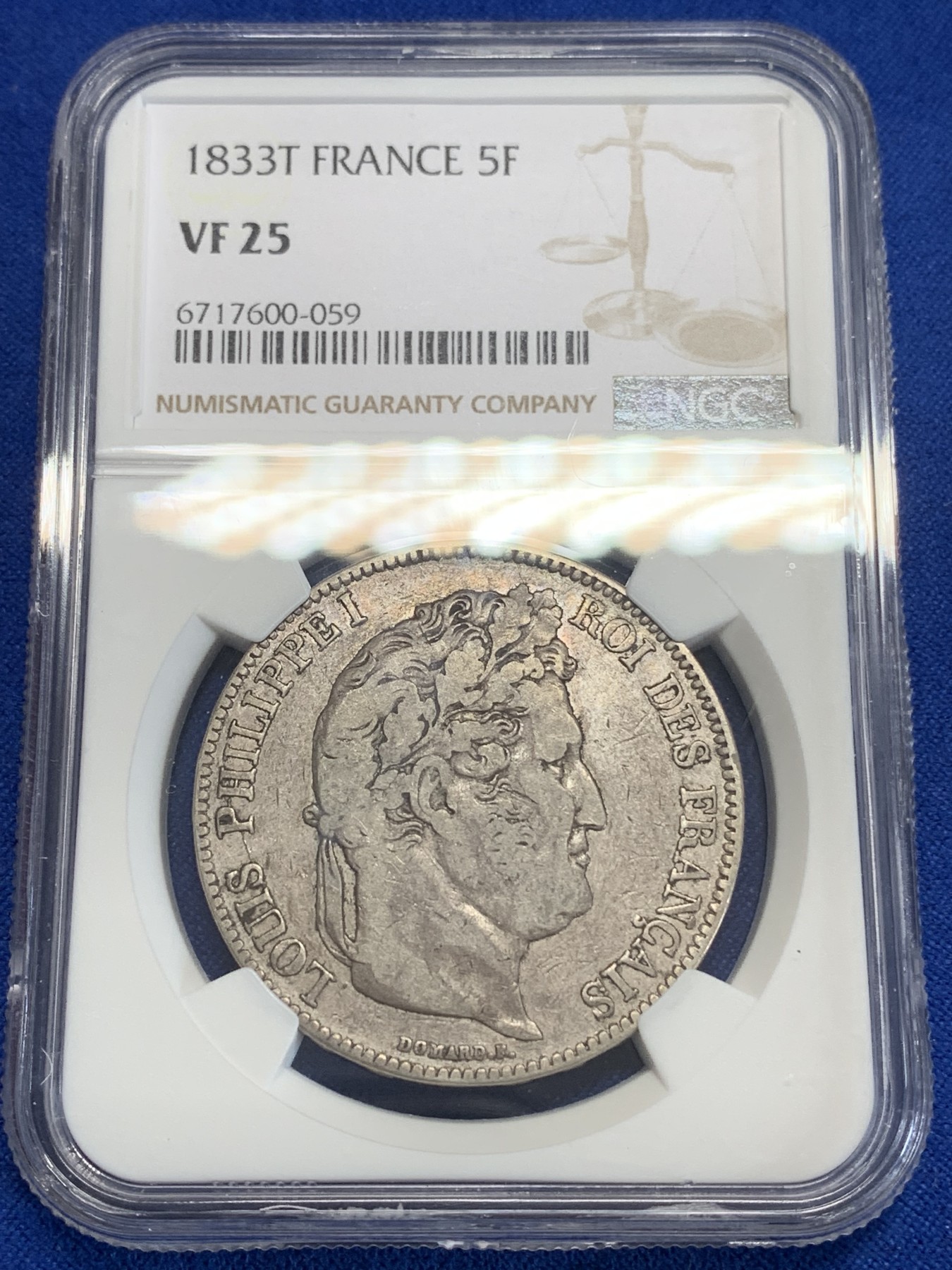 《竞宝斋》第198场-周日，周一 2场 (全场包邮) NGC VF25 法国1833T菲利普5法郎银币 少见厂别