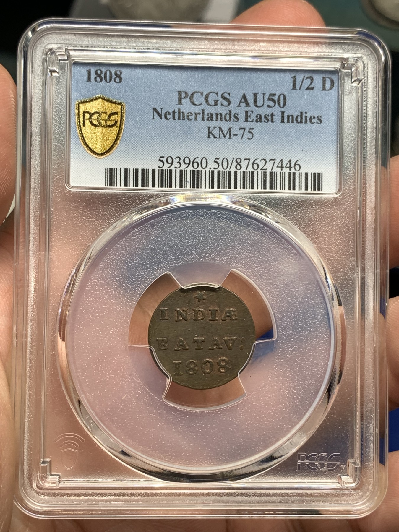 《竞宝斋》第198场-周日，周一 2场 (全场包邮) PCGS-AU50BN 1808年荷属东印度1/2D铜币，早期荷属东印度辅币，流通充分，保存不易。铜光犹存，状态不错