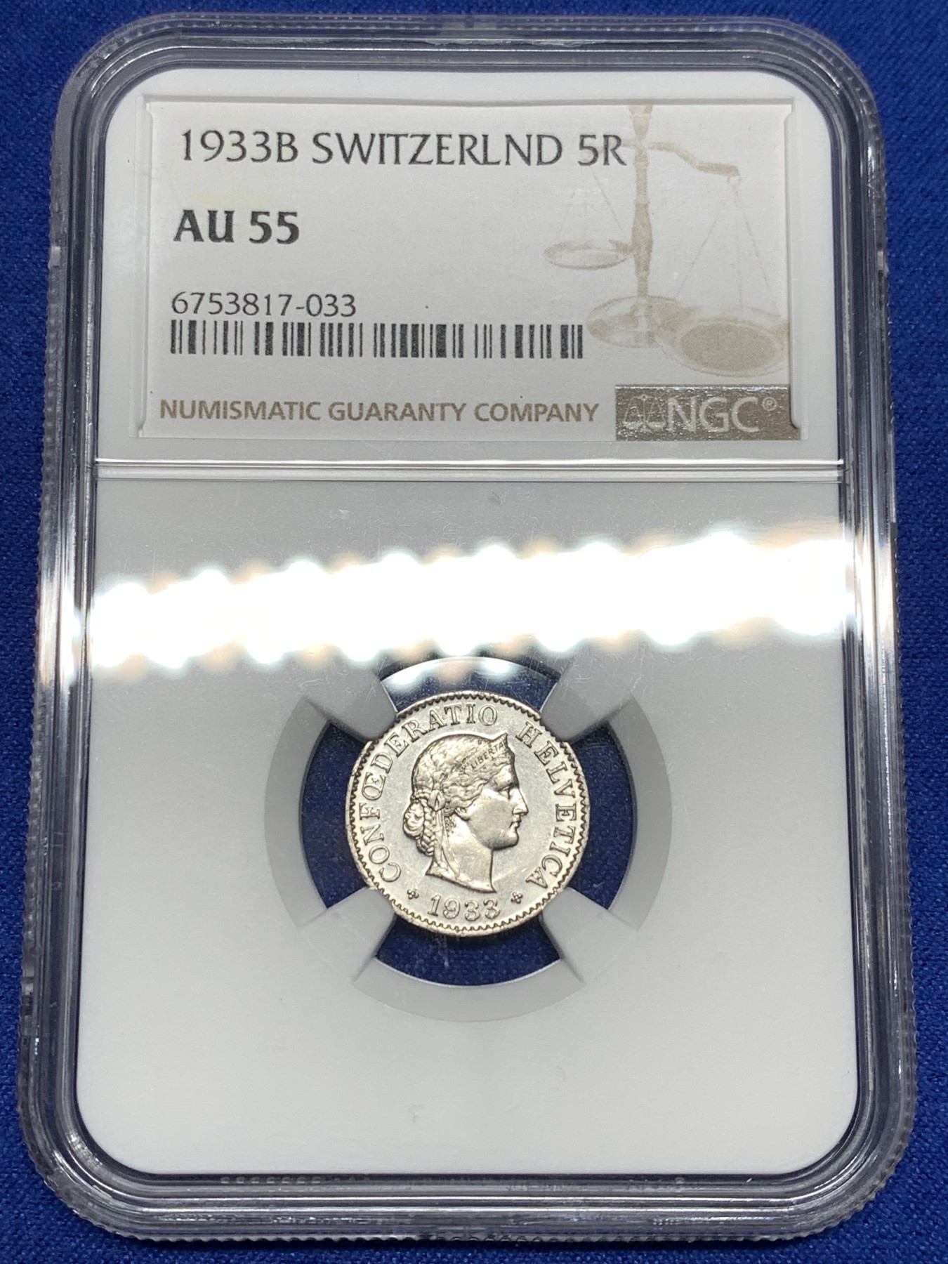 《竞宝斋》第198场-周日，周一 2场 (全场包邮) NGC-AU55 瑞士1933年早期5R纯镍币，非后期白铜合金币。