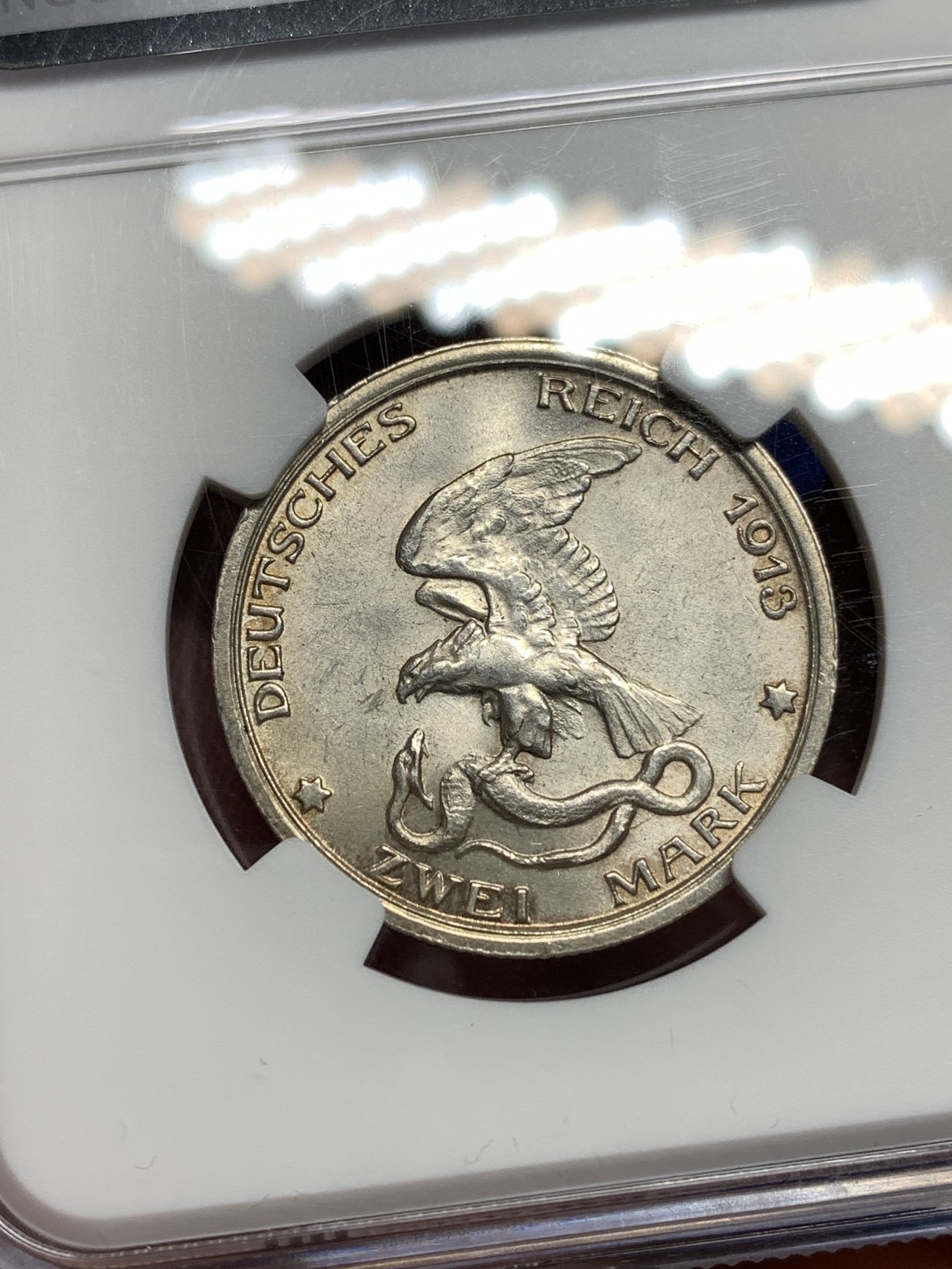 《竞宝斋》第198场-周日，周一 2场 (全场包邮) NGC MS63  1913年德国普鲁士战胜拿破仑2马克银币