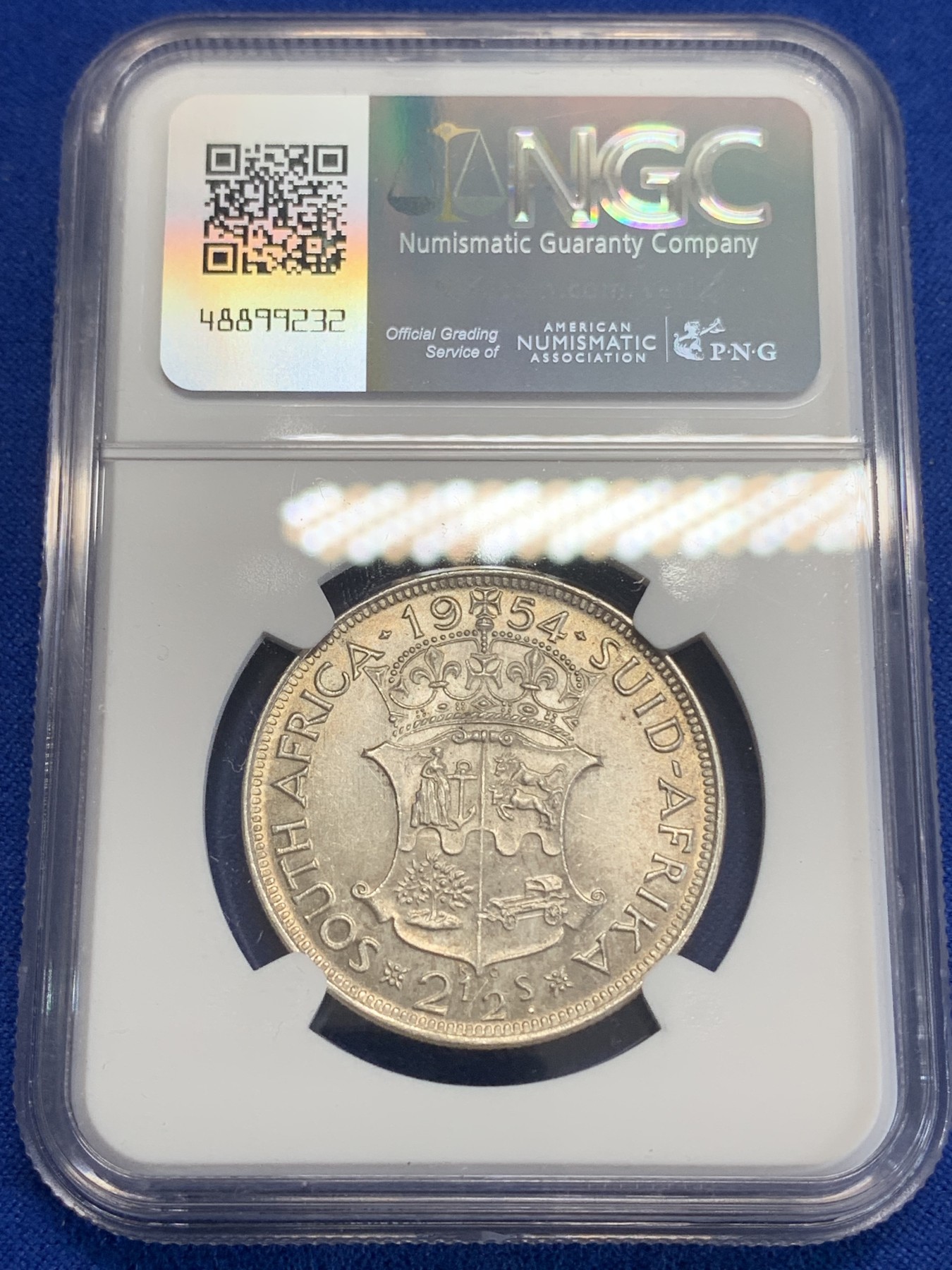 《竞宝斋》第198场-周日，周一 2场 (全场包邮) NGC-MS62 南非1954年伊丽莎白二世2.5先令银币