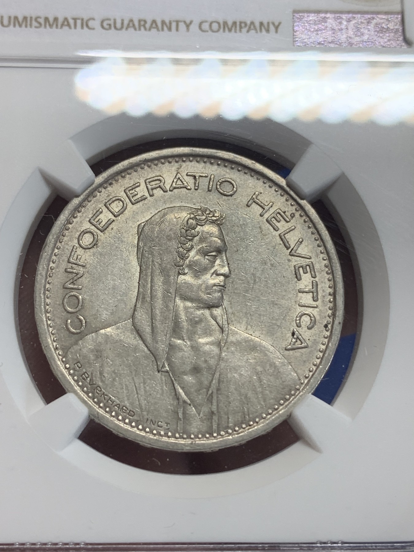 《竞宝斋》第198场-周日，周一 2场 (全场包邮) NGC AU55 1954年瑞士5法郎银币