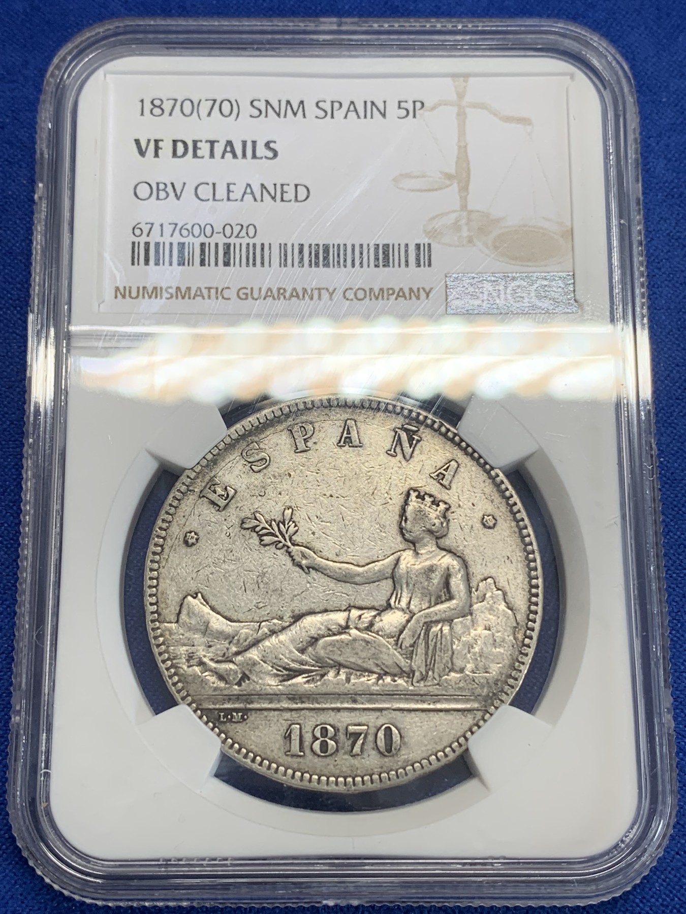 《竞宝斋》第198场-周日，周一 2场 (全场包邮) NGC VFD 西班牙1870年拿花女神5比塞塔双柱银币