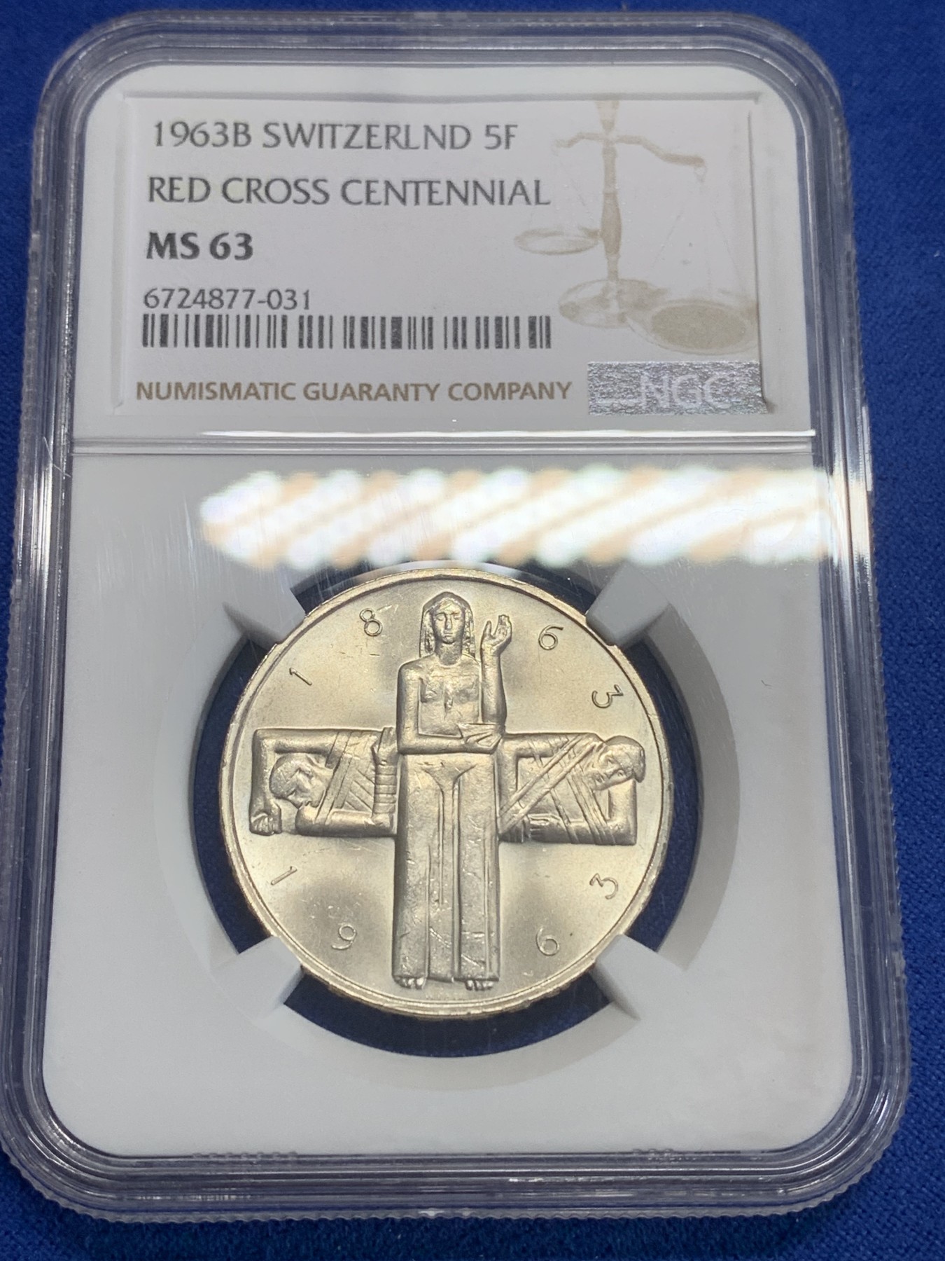 《竞宝斋》第198场-周日，周一 2场 (全场包邮) NGC-MS63 瑞士1963年国际红十字会成立百年纪念5法郎银币