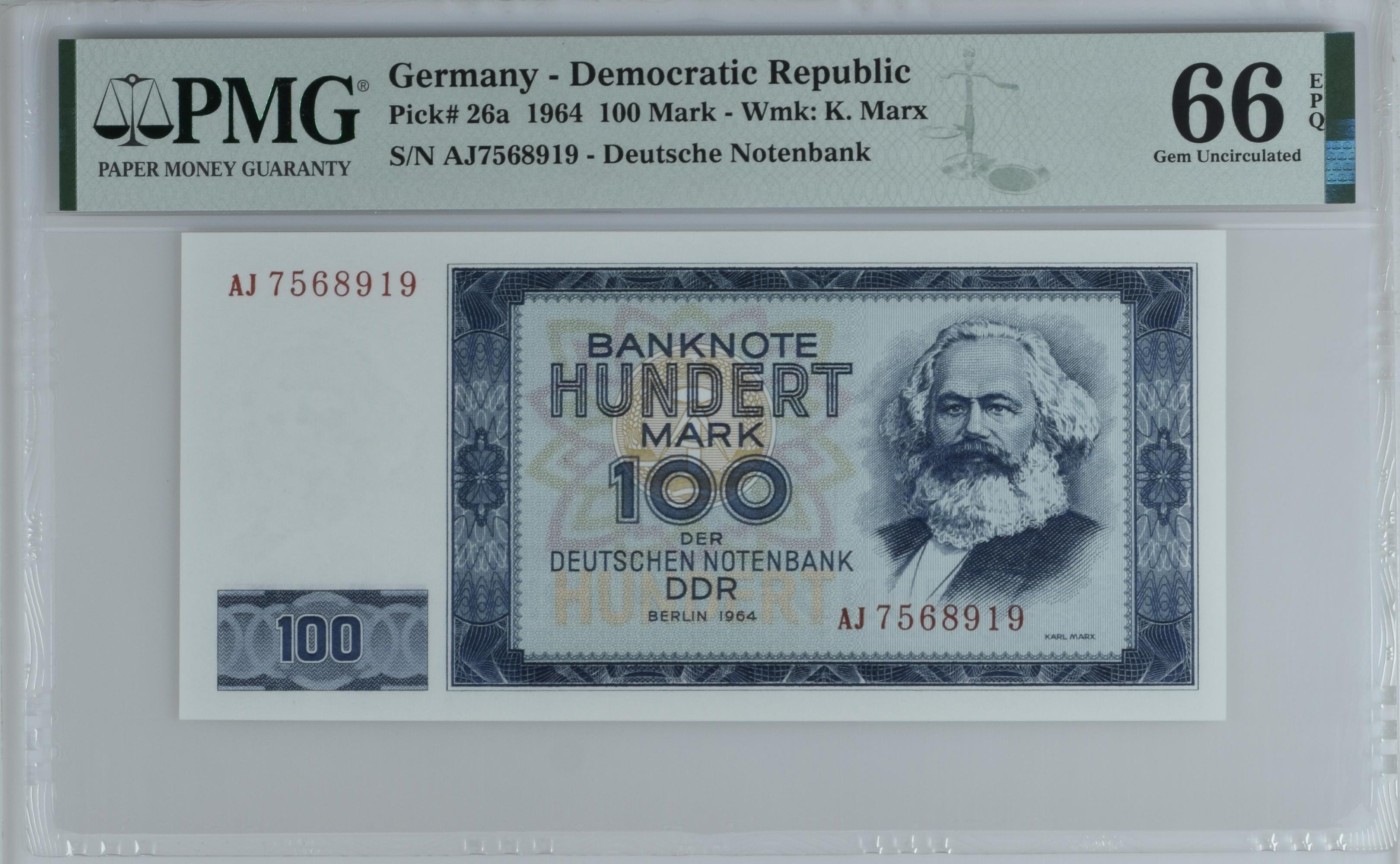 收藏联盟Quantum Auction 第290期拍卖  德国民主共和国1964年100马克 PMG66 号码无47 马克思