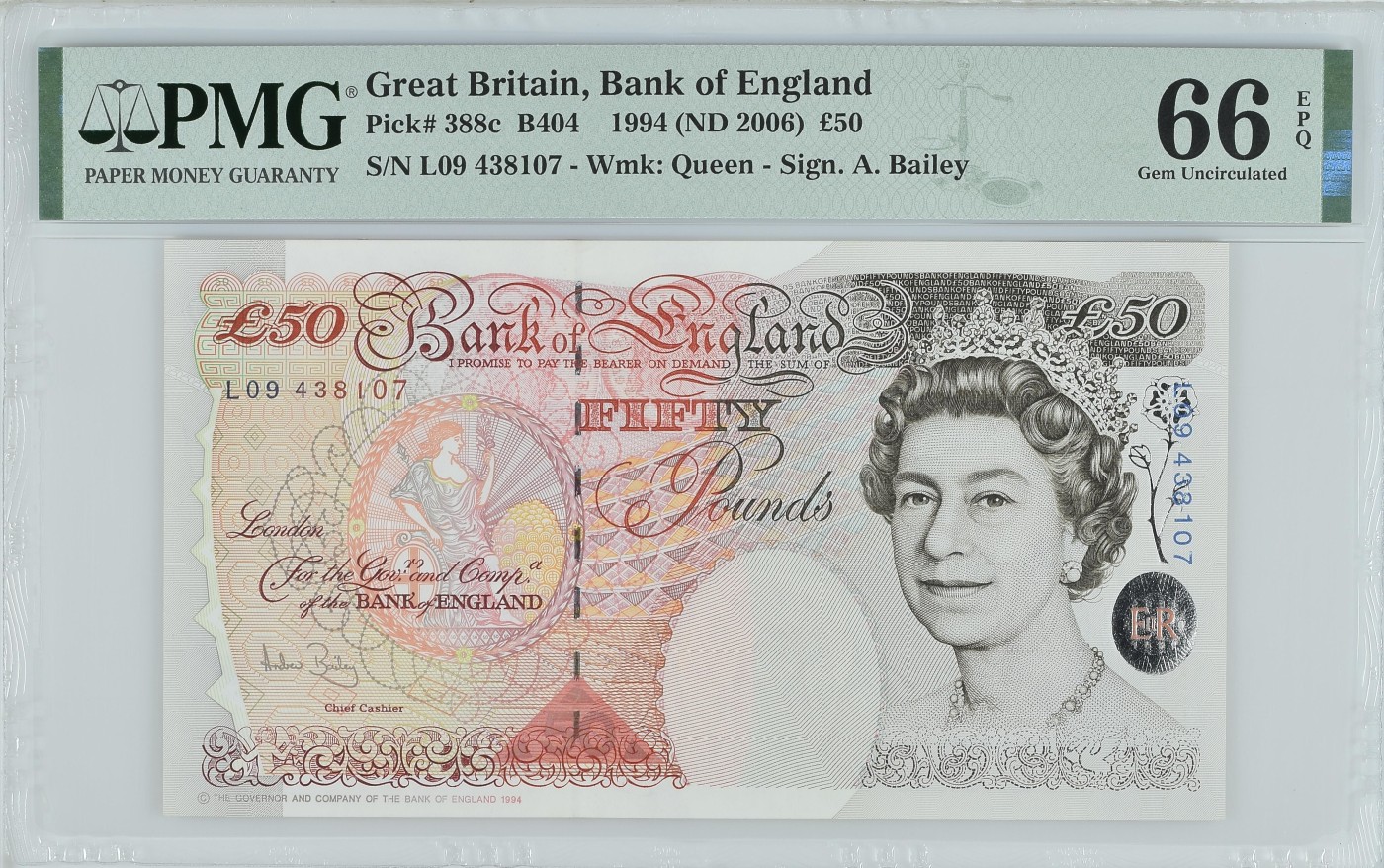 收藏联盟Quantum Auction 第290期拍卖  英国1994 (ND 2006)年50镑 PMG66