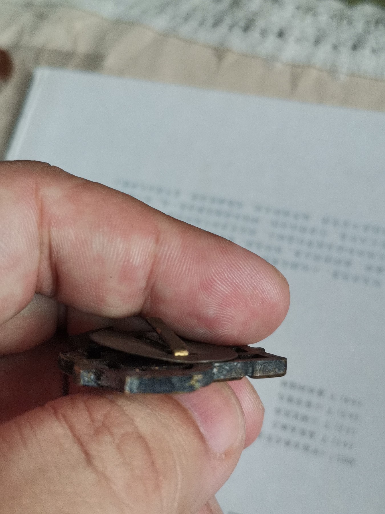 一枚铜制大学帽徽，年代不详，包浆皮克绝对够老，泥金脱落严重，大字右边有刮痕露出铜色，介意慎拍，喜欢的联系，人品高于藏品