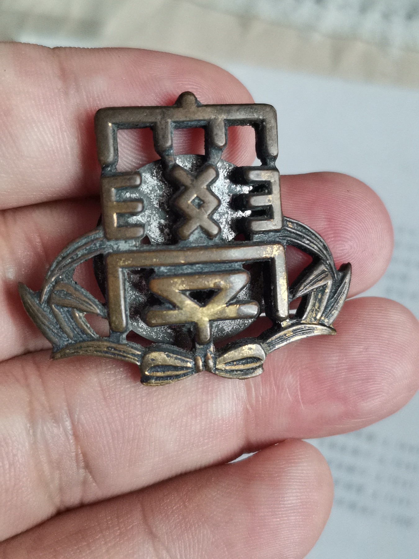 一枚铜制大学帽徽，年代不详，包浆皮克绝对够老，泥金脱落严重，大字右边有刮痕露出铜色，介意慎拍，喜欢的联系，人品高于藏品