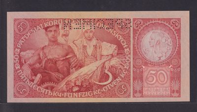 草稿银行第十一期国内外钞票硬币拍卖 捷克斯洛伐克 1929年50克朗 穆夏作品 打孔SPECIMEN 注销票样 全新品相 无黄无折无斑