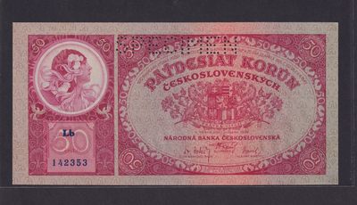 草稿银行第十一期国内外钞票硬币拍卖 捷克斯洛伐克 1929年50克朗 穆夏作品 打孔SPECIMEN 注销票样 全新品相 无黄无折无斑
