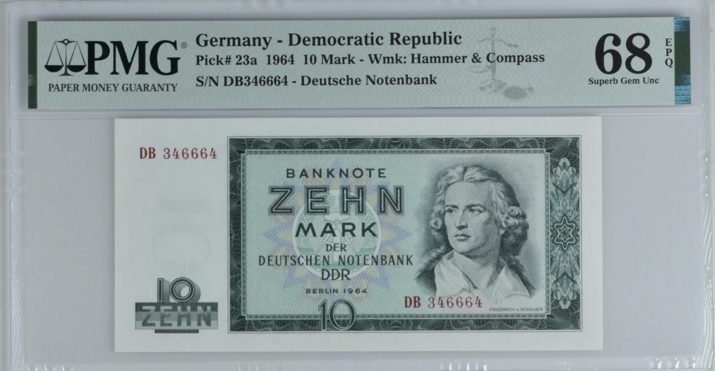 收藏联盟Quantum Auction 第290期拍卖  德国民主共和国1964年10马克 PMG68 诗人席勒 冠军分