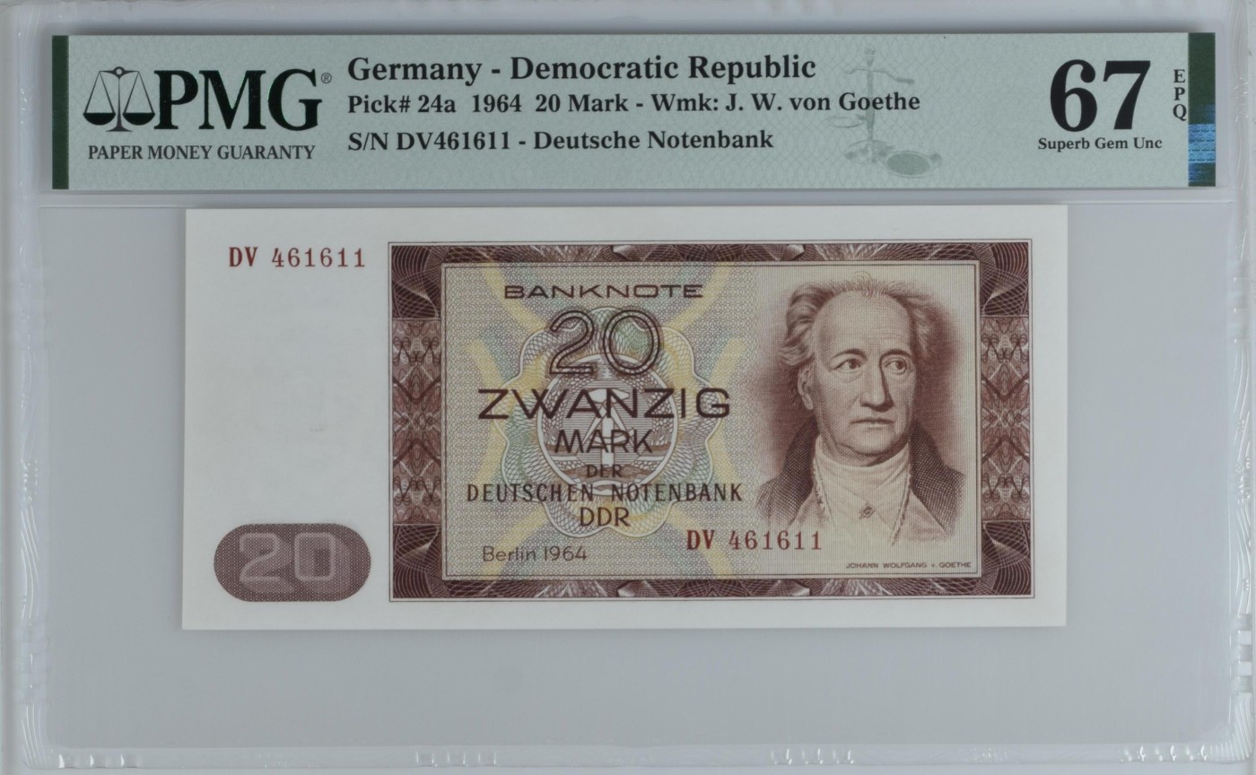 收藏联盟Quantum Auction 第290期拍卖  德国民主共和国1964年20马克 PMG67 