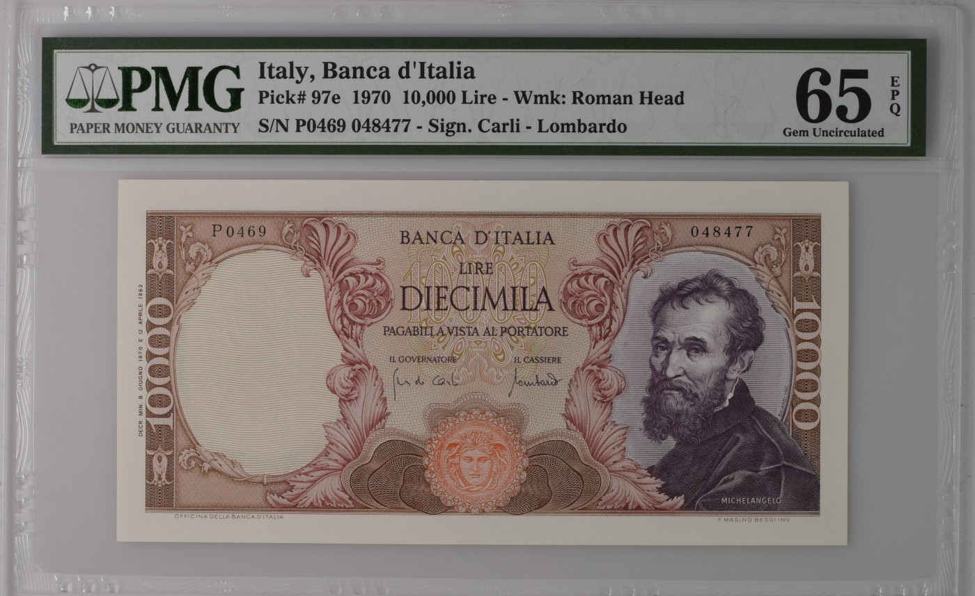 收藏联盟Quantum Auction 第290期拍卖  意大利1970年10000里拉 PMG65 米开朗基罗