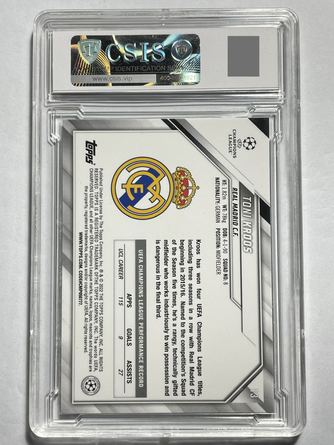 【德藏】·第4期 ·卡牌拍卖 -{ PTCG宝可梦，球星卡 } 全场包邮 2022 Topps 欧冠 皇家马德里 克罗斯 折射特卡 CSIS 9.5