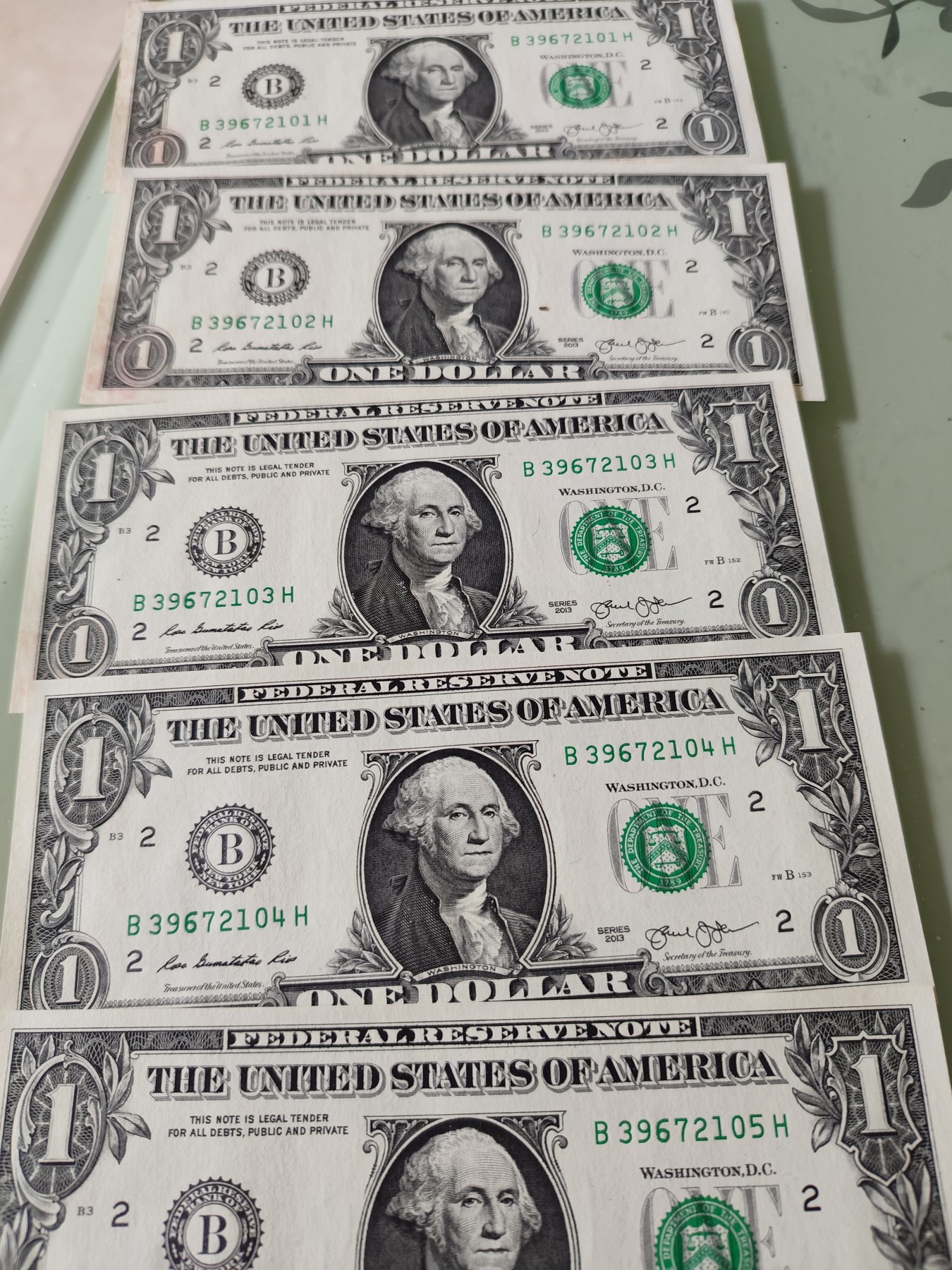 铜币 铜元 古钱币  银币 镍币 纸币 L9 如图  5张连号 美国2013年 B版 纸币 1圆纸钞