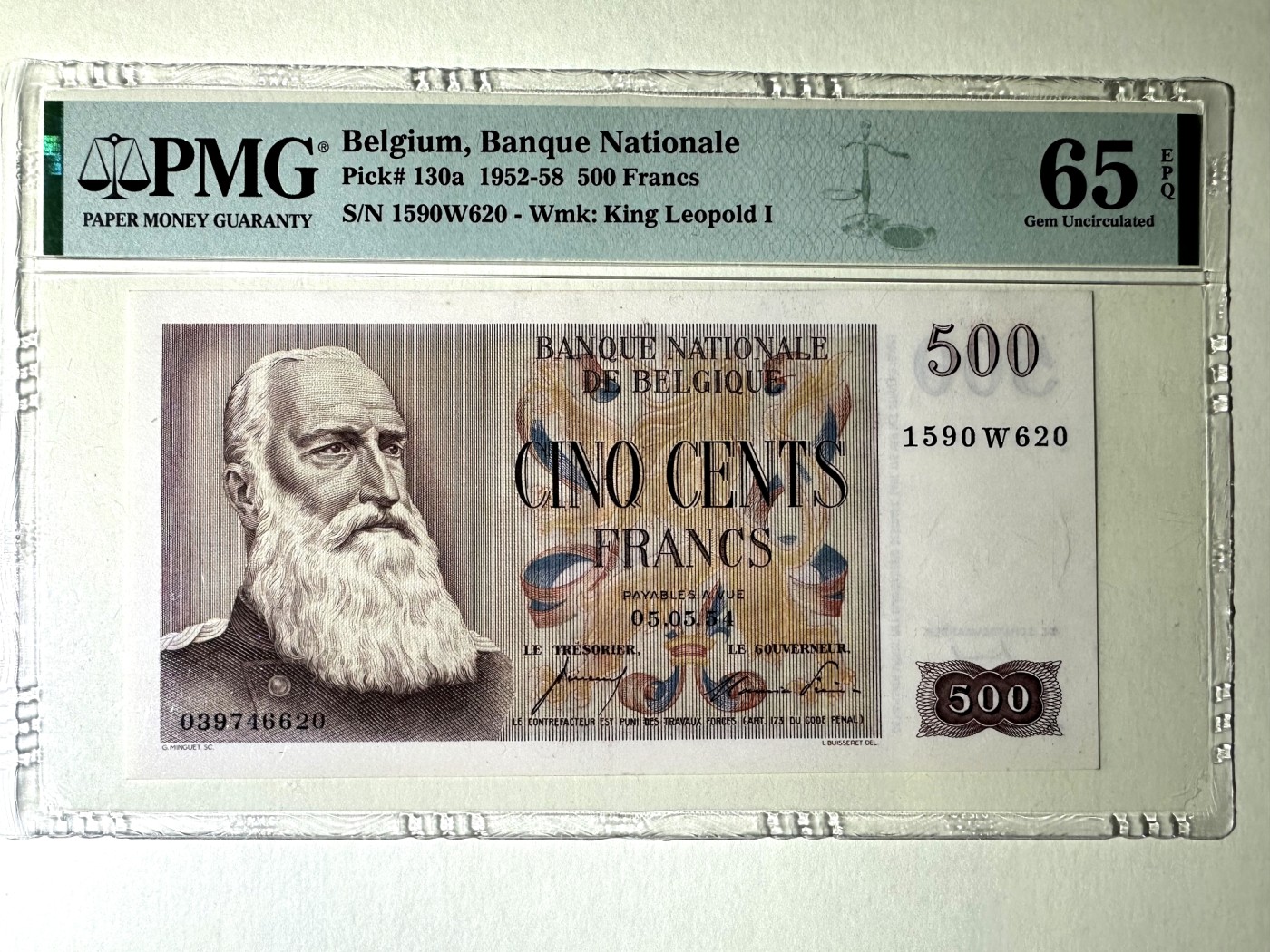 【Blue Auction】✨世界纸币精拍第373期【精】 【无47】比利时 1952-58年500法郎 经典大胡子 《四黑人》名画 PMG65EPQ 绝品 