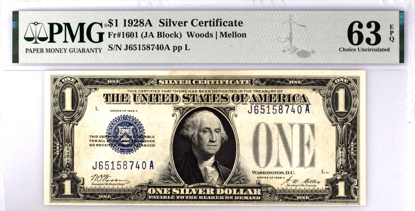 【Blue Auction】✨世界纸币精拍第373期【精】 美国 1928年1美金 银币券 PMG63EPQ 