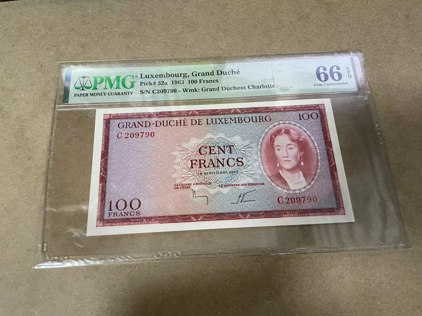 【Blue Auction】✨世界纸币精拍第373期【精】 卢森堡 1963年100法郎 PMG66EPQ 女大公夏洛特