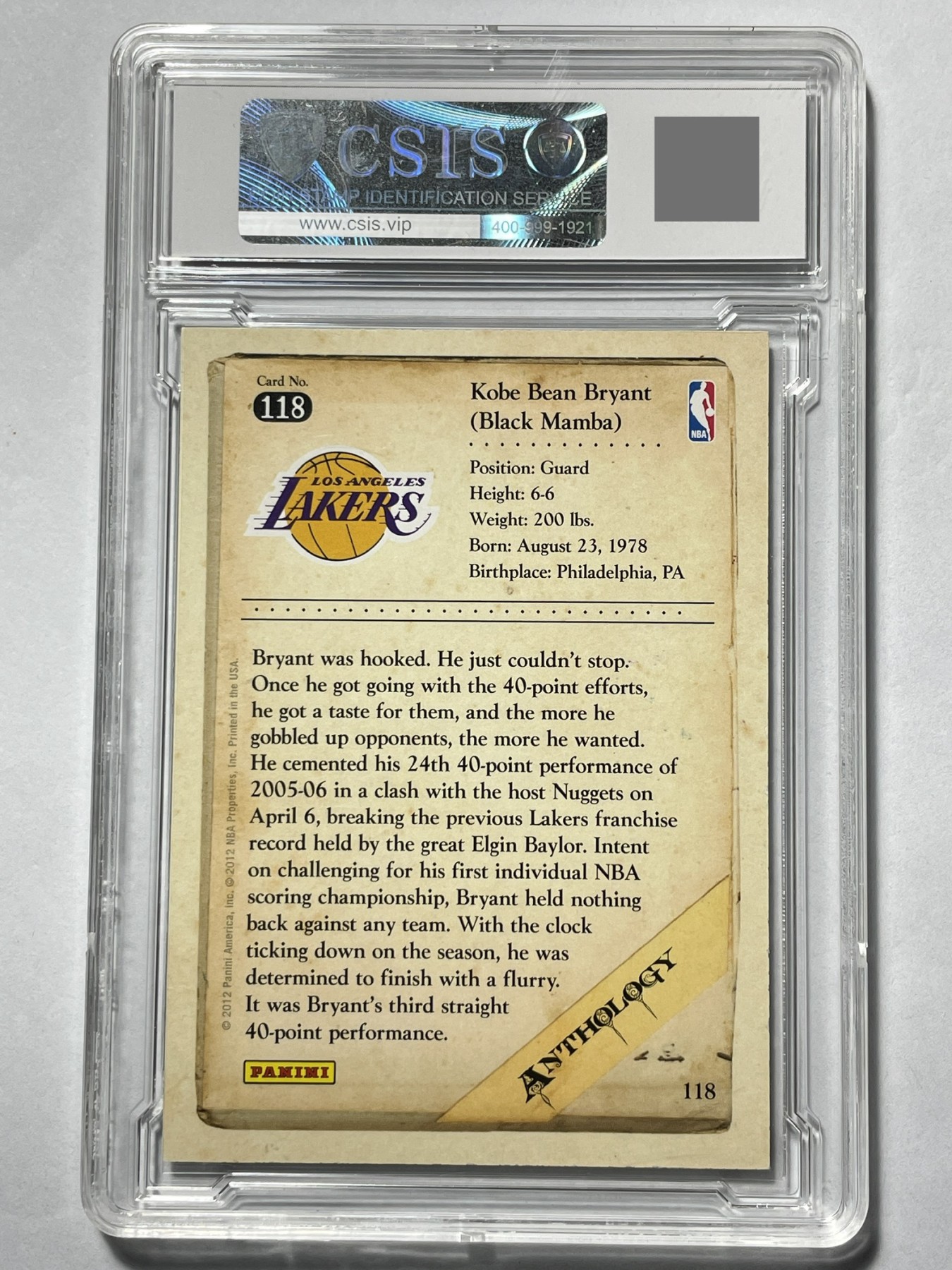 【德藏】·第4期 ·卡牌拍卖 -{ PTCG宝可梦，球星卡 } 全场包邮 2012 Panini NBA 科比补偿包 洛杉矶湖人 科比 CSIS 8.5