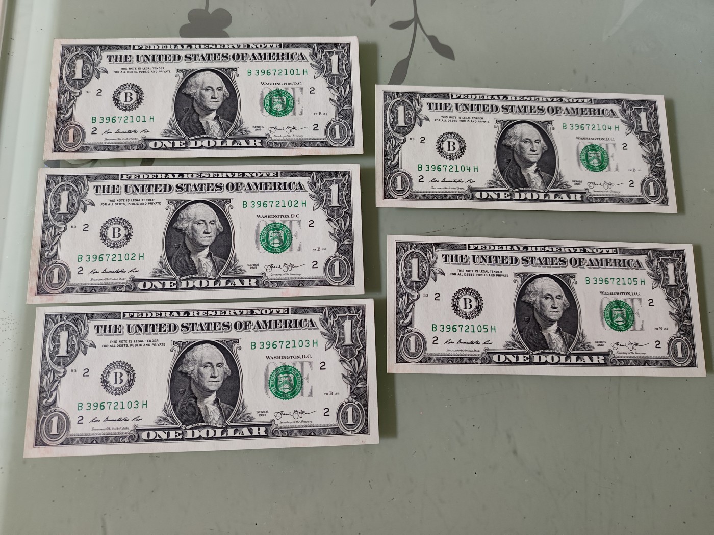 铜币 铜元 古钱币  银币 镍币 纸币 L9 如图  5张连号 美国2013年 B版 纸币 1圆纸钞