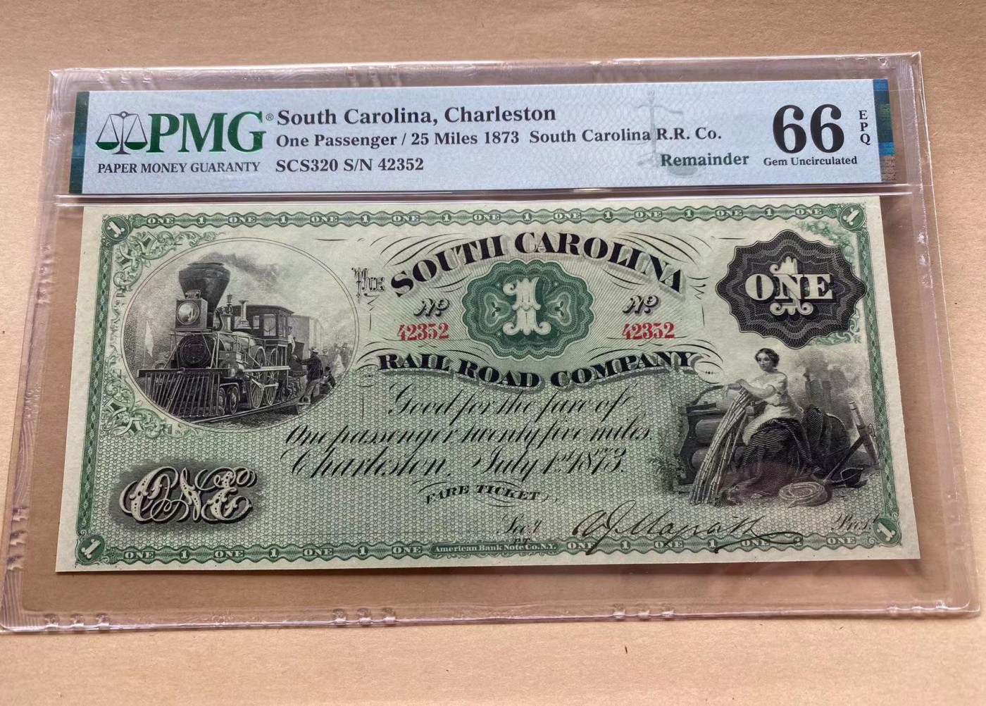【Blue Auction】✨世界纸币精拍第373期【精】 【带签名实钞】美国 南卡州 1873年1美金 PMG66EPQ 正反面雕刻精美 大票幅绿钞