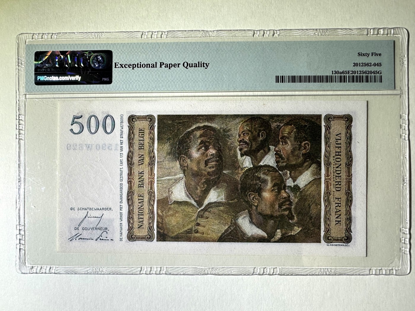【Blue Auction】✨世界纸币精拍第373期【精】 【无47】比利时 1952-58年500法郎 经典大胡子 《四黑人》名画 PMG65EPQ 绝品 