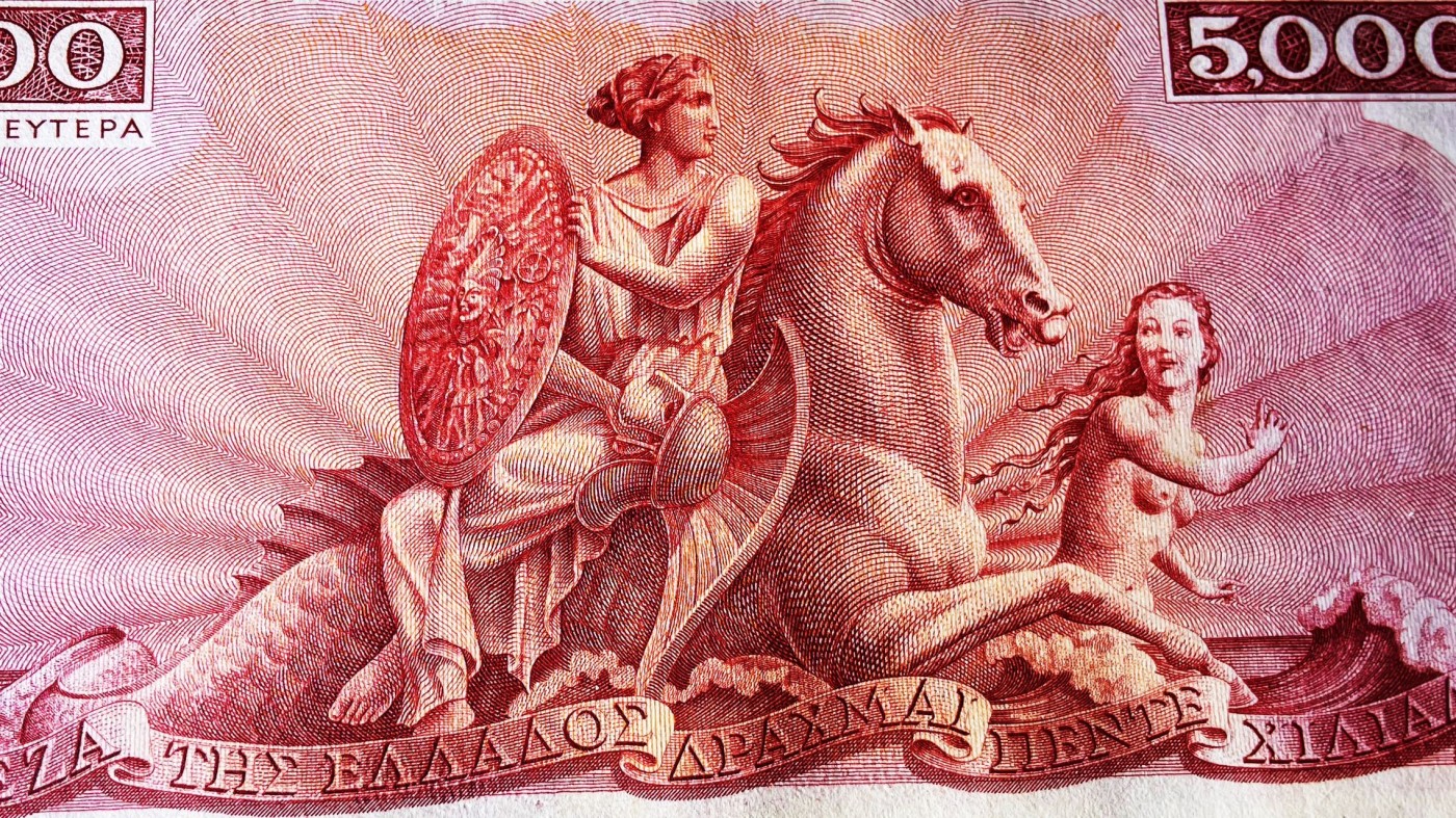 【Blue Auction】✨世界纸币精拍第373期【精】 【红色初版大票幅版实钞罕见 珍品】希腊 早期 1945年5000德拉科马 PCGS50 状态佳BWC出品 雕刻非常精美 正面圣母 背面描述：在特洛伊城，海洋女神忒提斯骑着海马，将赫菲斯托斯锻造的盾牌带给她的儿子阿喀琉斯 (红色版目录价是紫色版3.5倍）