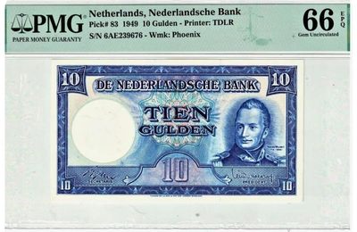 【Blue Auction】✨世界纸币精拍第374期【精】 -  【仅1张更高分】荷兰 1949年10盾 PMG66EPQ 正面国王威廉一世 背面名画 风车 精美 PMG66EPQ 