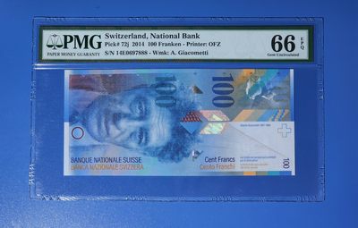 港、澳、台、中外钞、流水签、机签、箱包单、靓号专场第34期 - 瑞士2014年100法郎 老版钞 超难出分品种 号码无4 全网唯一豹子号 14E0697888 PMG66分 美国 严评一张/如图