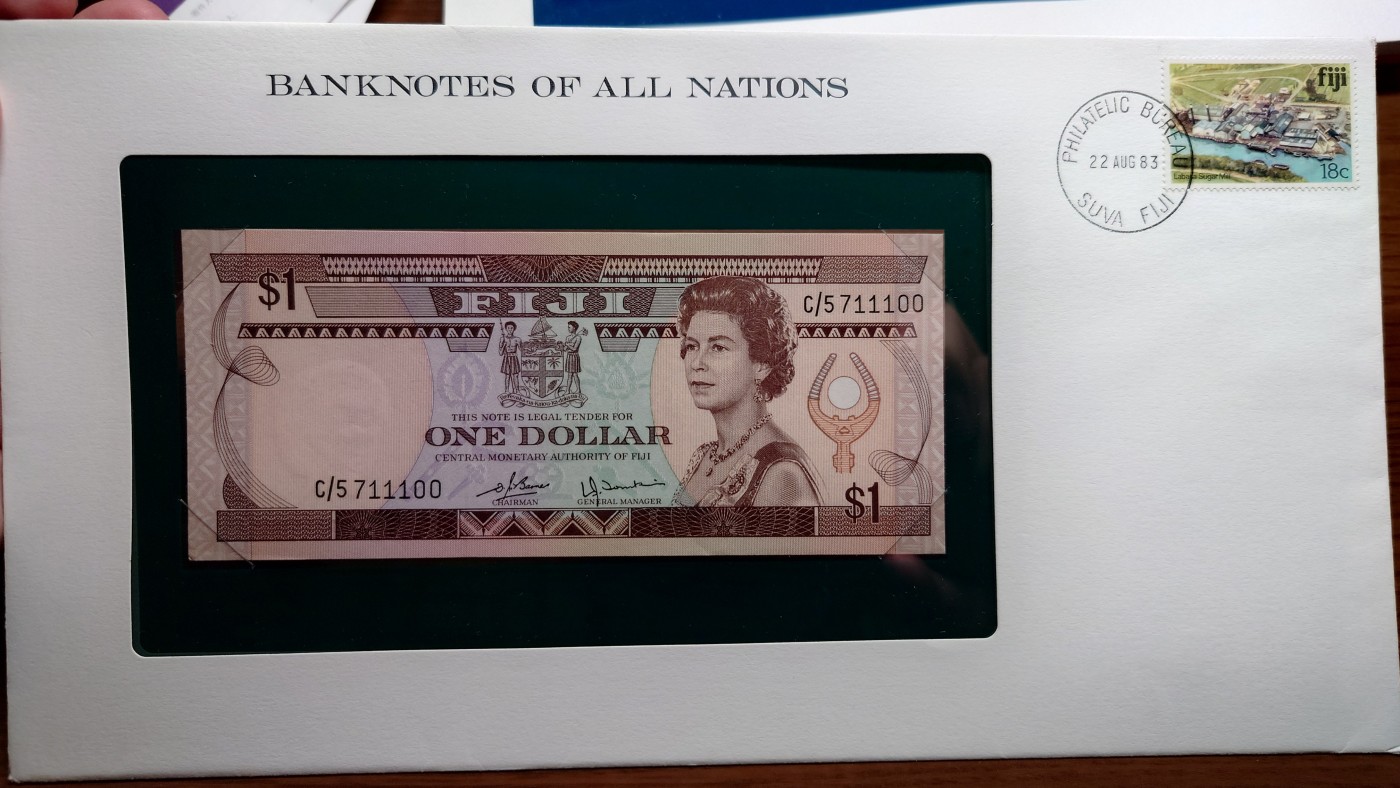 陆续更新【世界钱币】精选微拍第73期暨2023年第二十期 全新纸质裸钞低价起拍(第二场) 【已售出】1980年斐济1元  富兰克林邮币封 全新