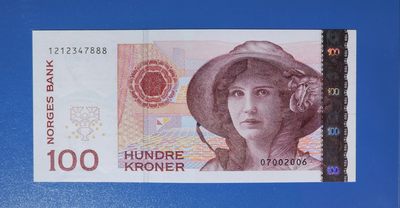 港、澳、台、中外钞、流水签、机签、箱包单、靓号专场第34期 - 挪威 2010年100克朗 纸钞 豹子号 1212347888 UNC一张如图